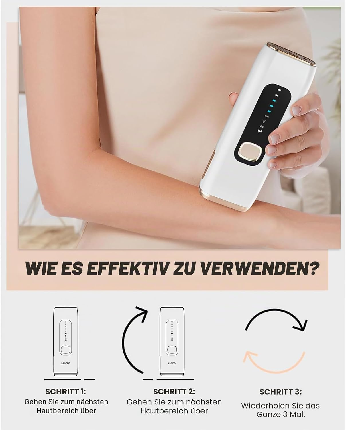 Eine weiße IPL-Haarentfernungsgerät wird auf einem Arm gehalten. Schritte zur Anwendung werden gezeigt.