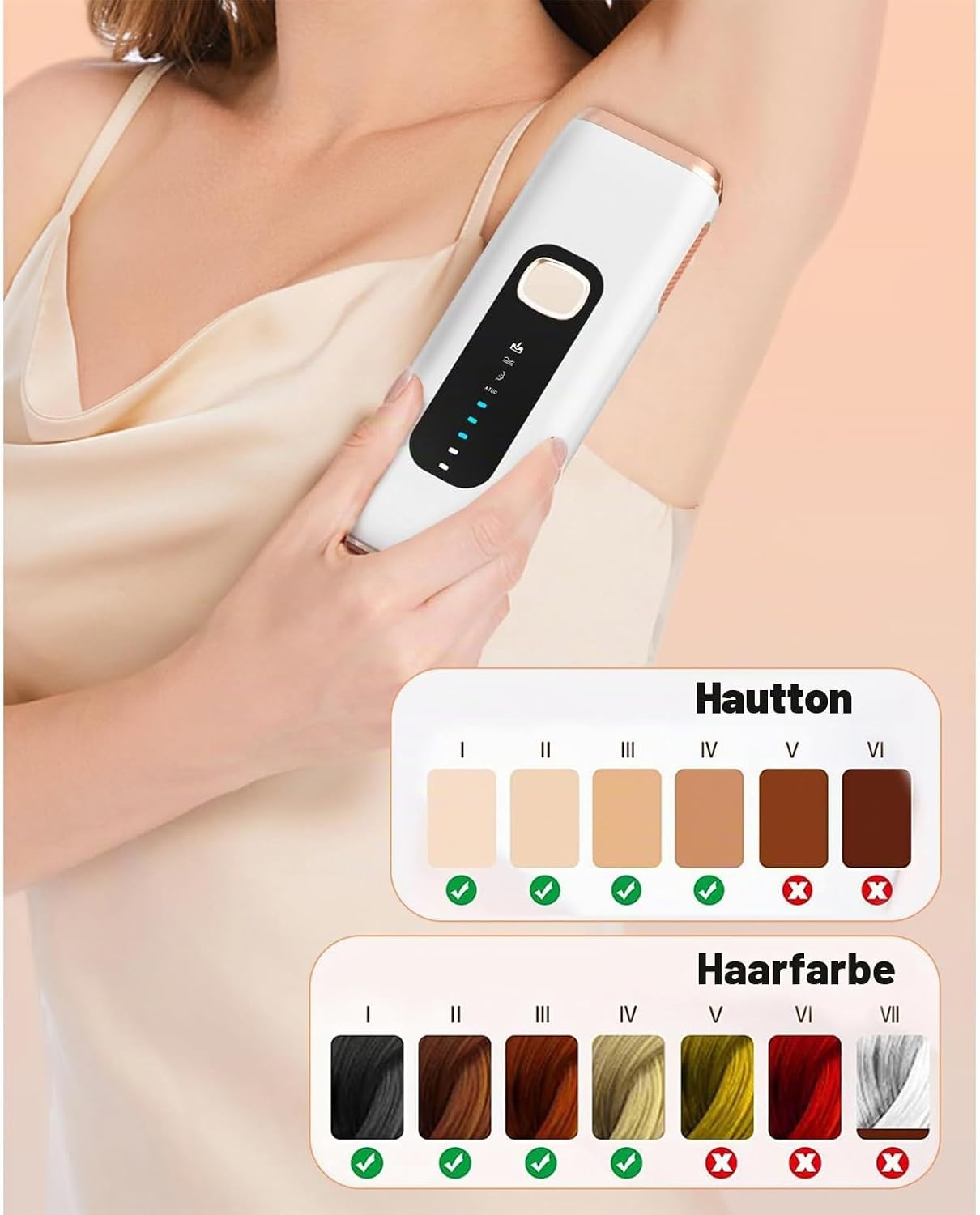 Eine Frau benutzt einen IPL-Haarentferner. Haut- und Haarfarbentabellen sind abgebildet.