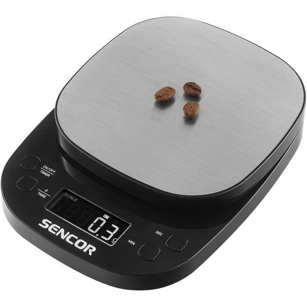 Eine schwarze digitale Küchenwaage mit Edelstahloberfläche und drei Kaffeebohnen.
