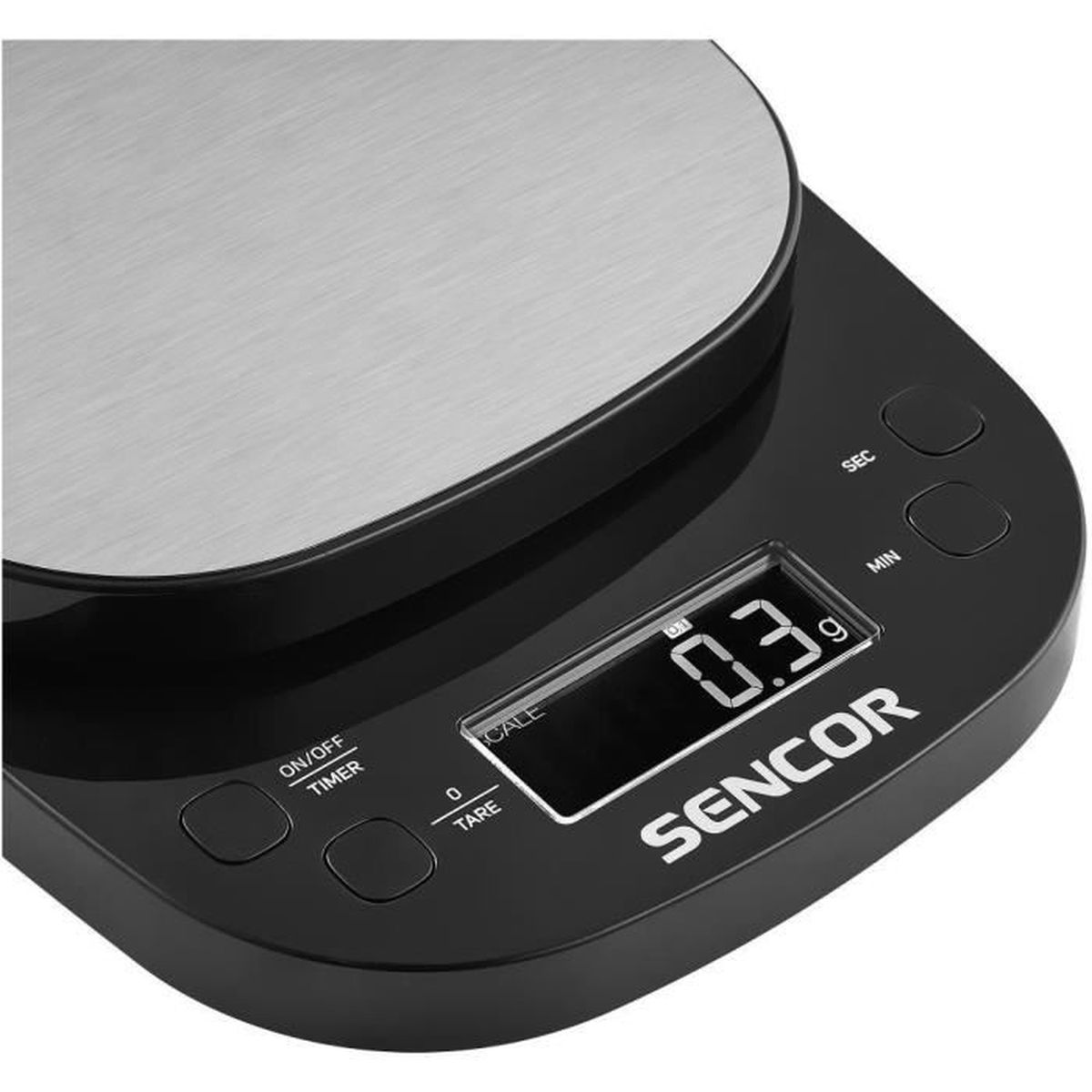 Eine schwarze digitale Küchenwaage von Sencor mit gebürsteter Metalloberfläche und digitaler Anzeige mit 0,3g.