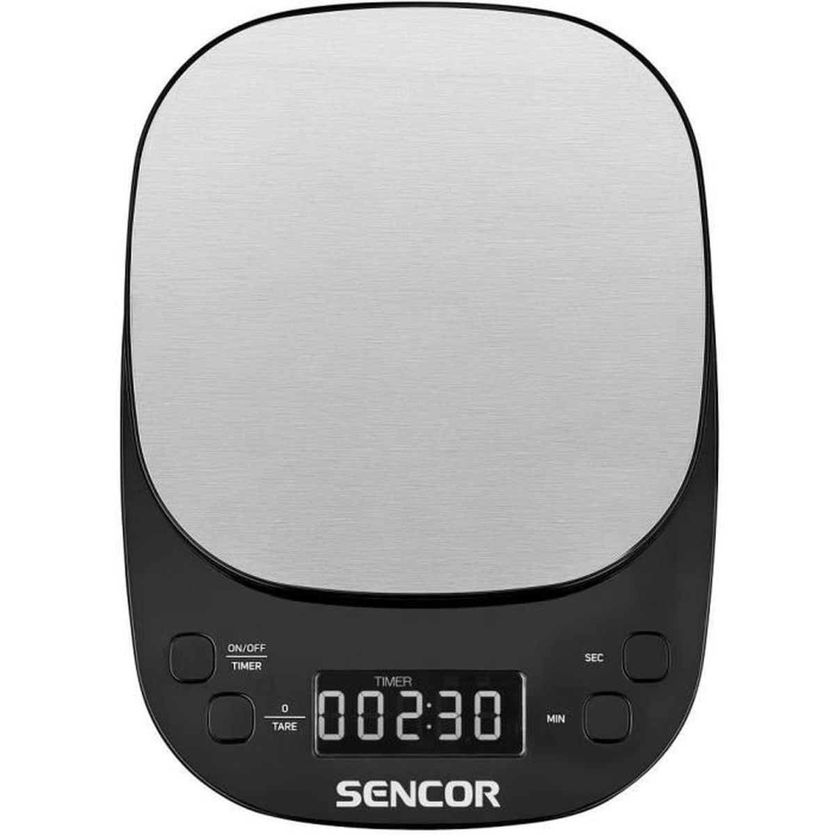 Eine schwarze digitale Küchenwaage mit Edelstahloberfläche und einem Timer von 00:02:30.