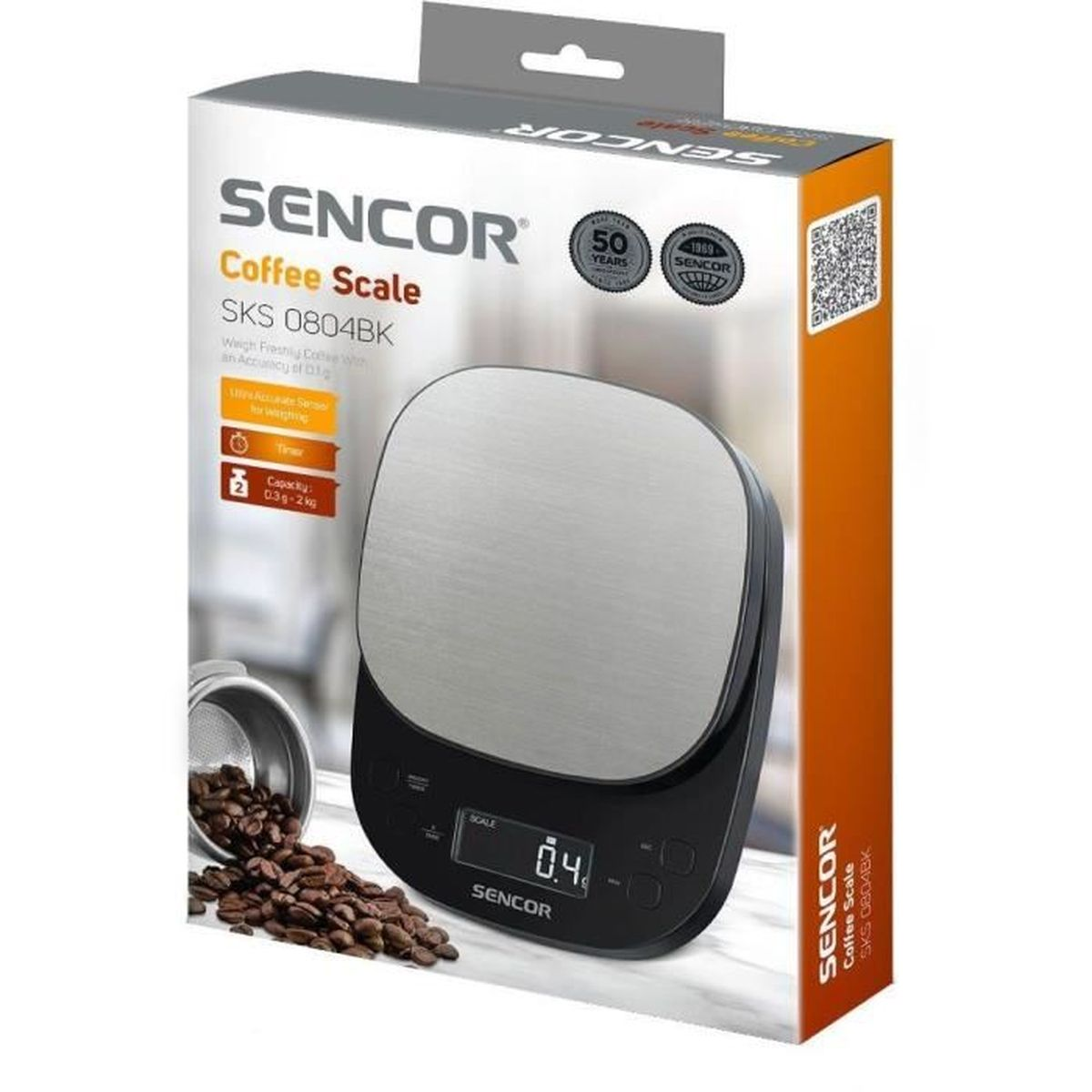 Sencor Kaffeewaage SKS 0804BK mit Edelstahl-Oberseite, Anzeige 0,4 Einheiten.