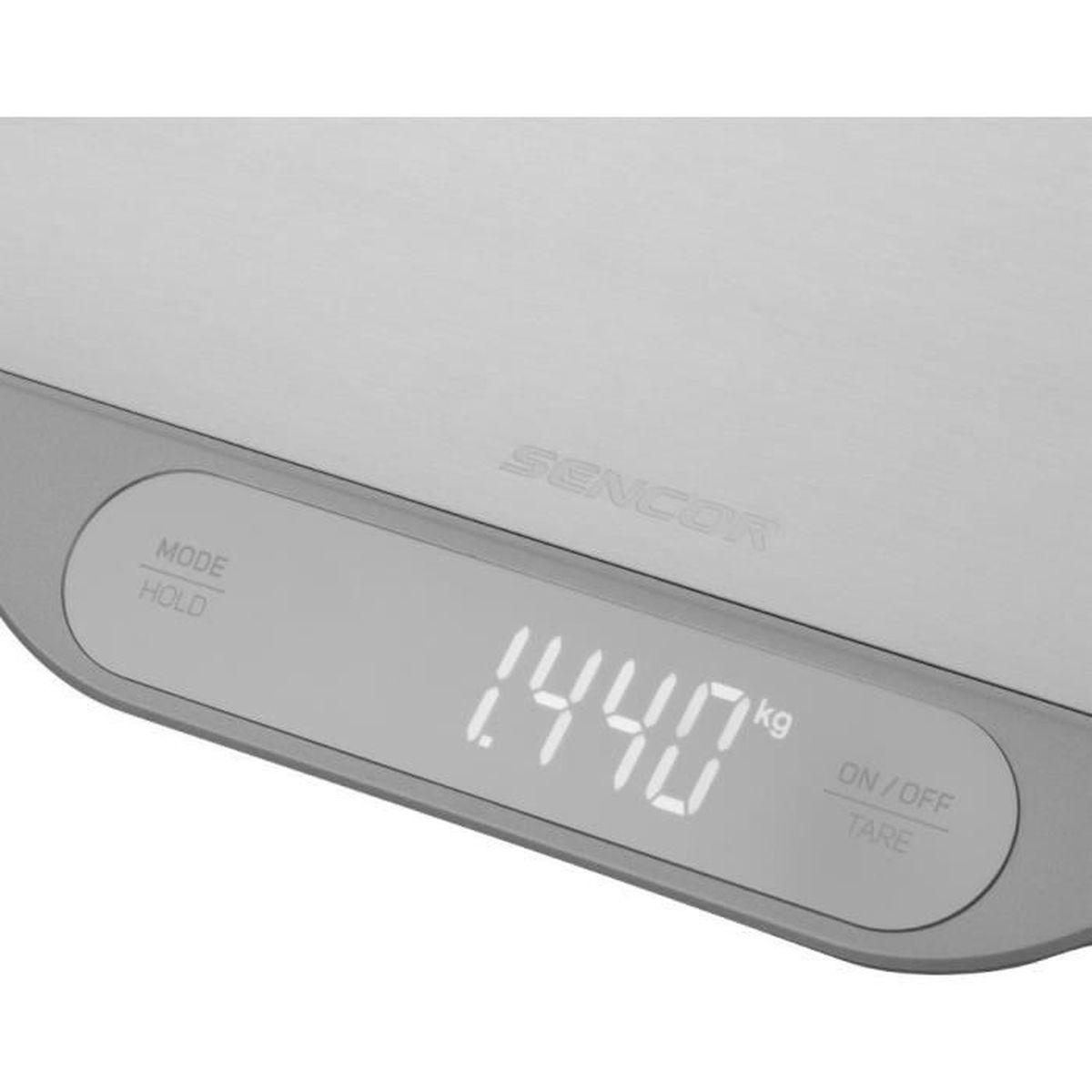 Eine digitale Küchenwaage mit einer Anzeige von 1440g und den Tasten Mode, Hold, On/Off, Tare.