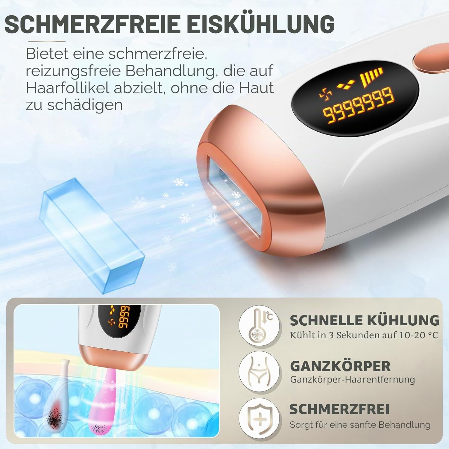 Ein IPL Haarentfernungsgerät mit digitaler Anzeige und Kühlfunktion.