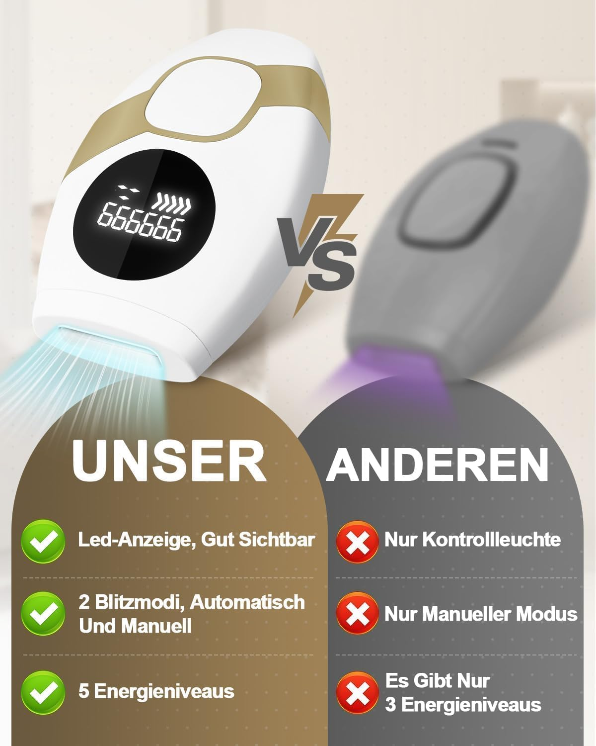 Vergleich von zwei Haarentfernungsgeräten: eins mit LED-Anzeige, 2 Modi, 5 Stufen.