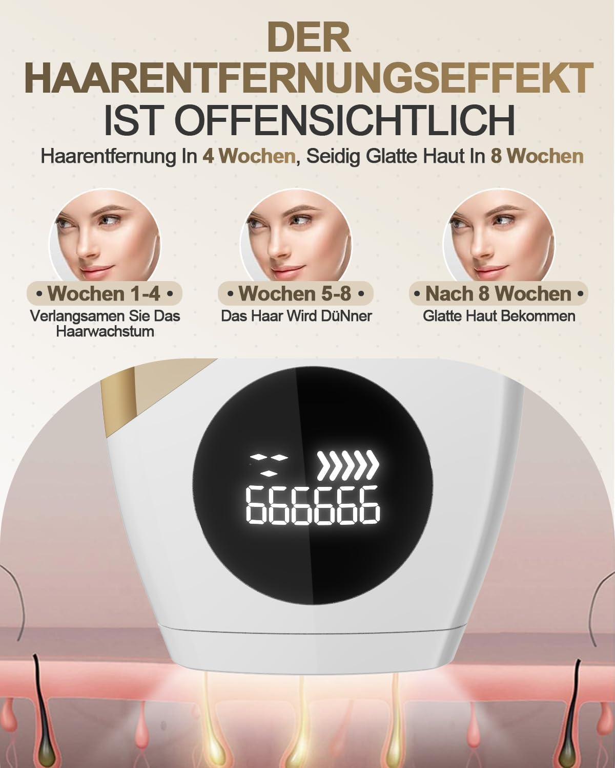 Ein IPL-Haarentfernungsgerät zeigt 666666 und Wochen 1-8.-Ergebnisse.