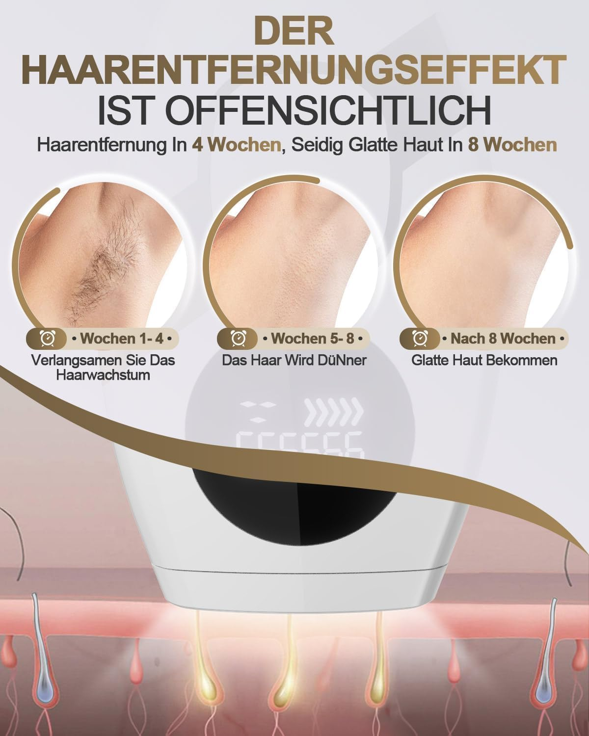 Bild zeigt Haarwachstumreduktion über 8 Wochen. Haut wird glatter.