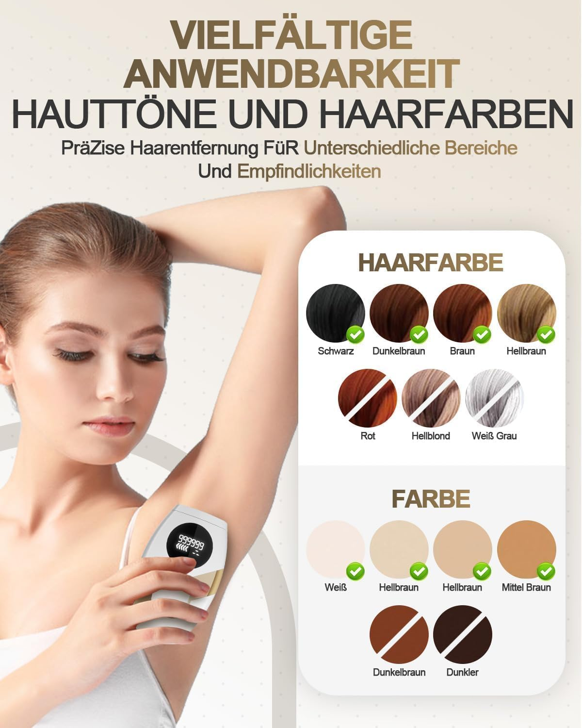 Frau mit Haarentfernungsgerät. Auf der rechten Seite sind Haar- und Hautfarben abgebildet.