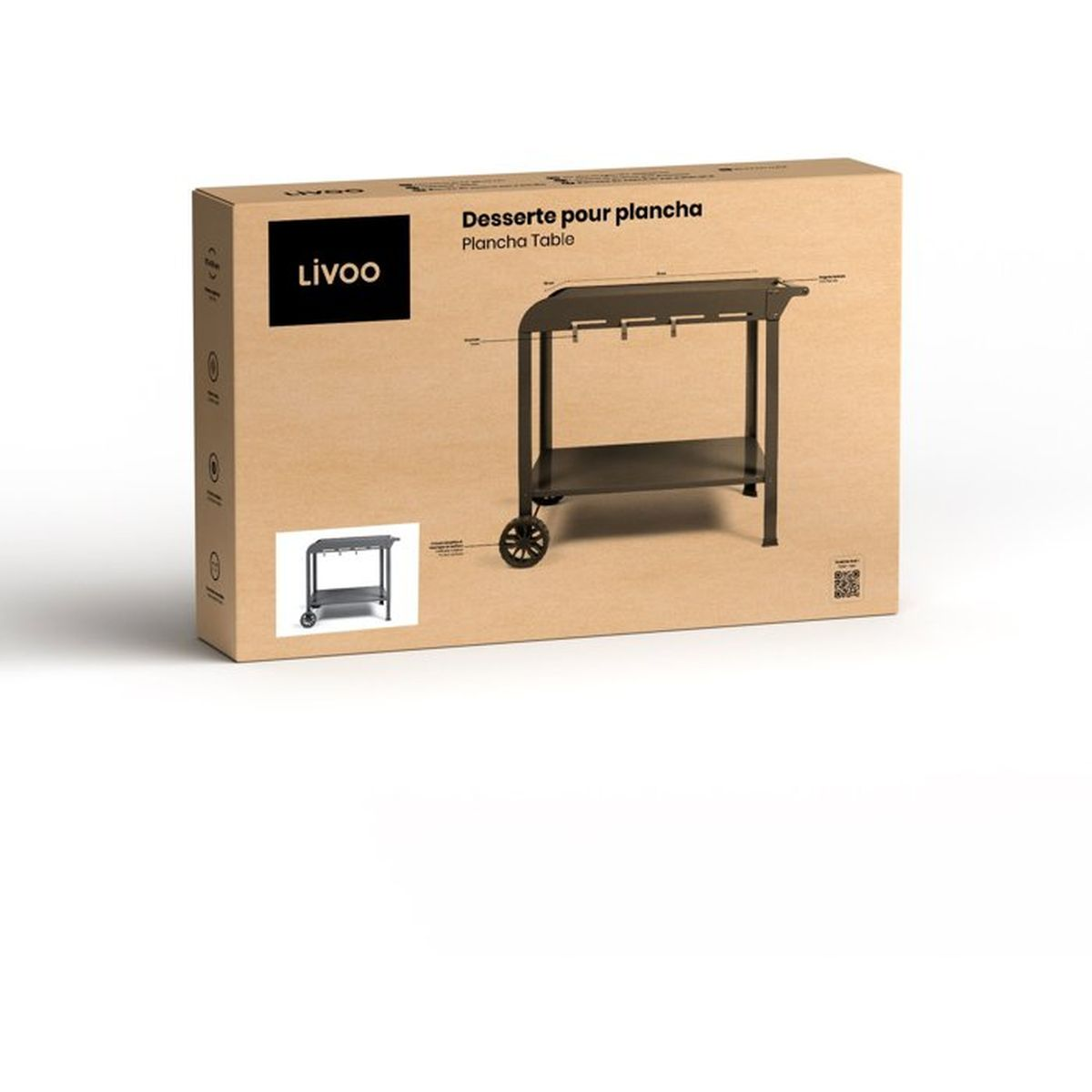 Verpackung mit einem schwarzen Grillwagen mit zwei Ebenen und zwei Rädern.