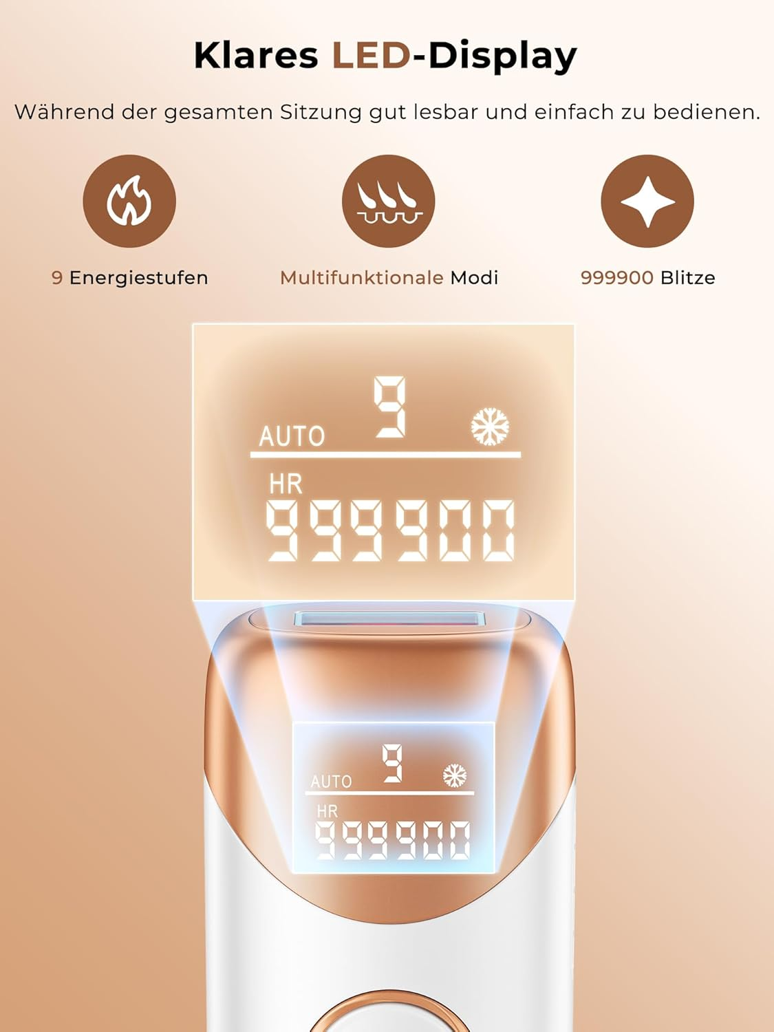 Klares LED-Display zeigt 9 Energiestufen, 999900 Blitze und AUTO HR.