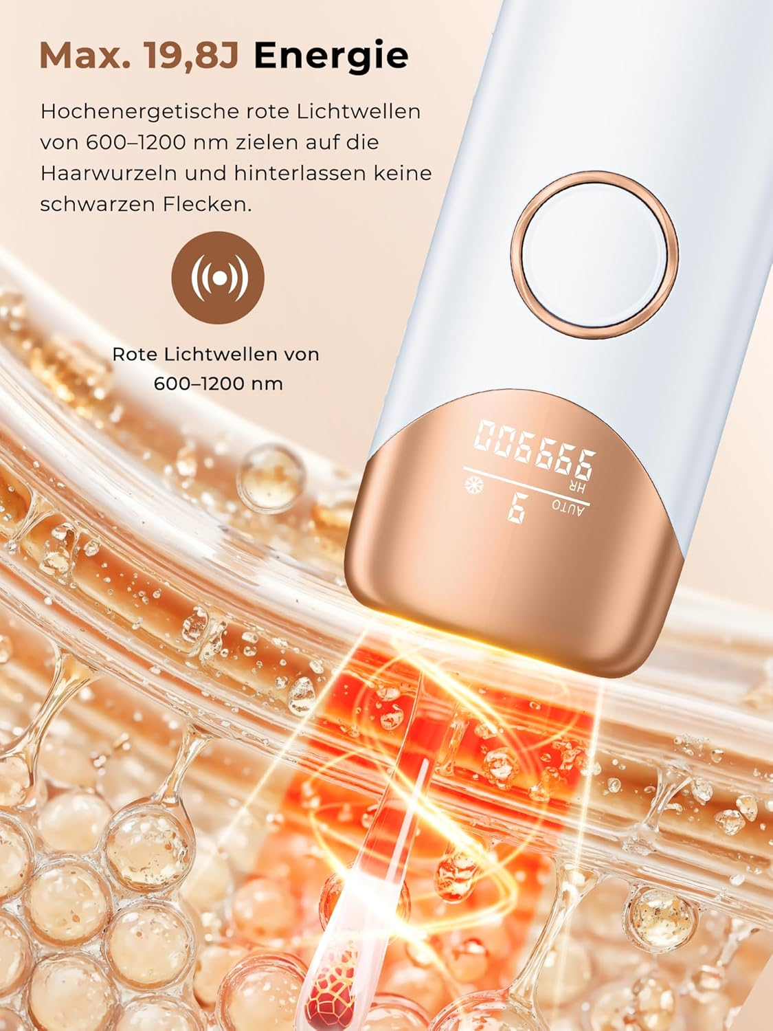 Gerät mit rotem Licht auf Haarwurzeln, 600-1200 nm. Max. 19,8J Energie.