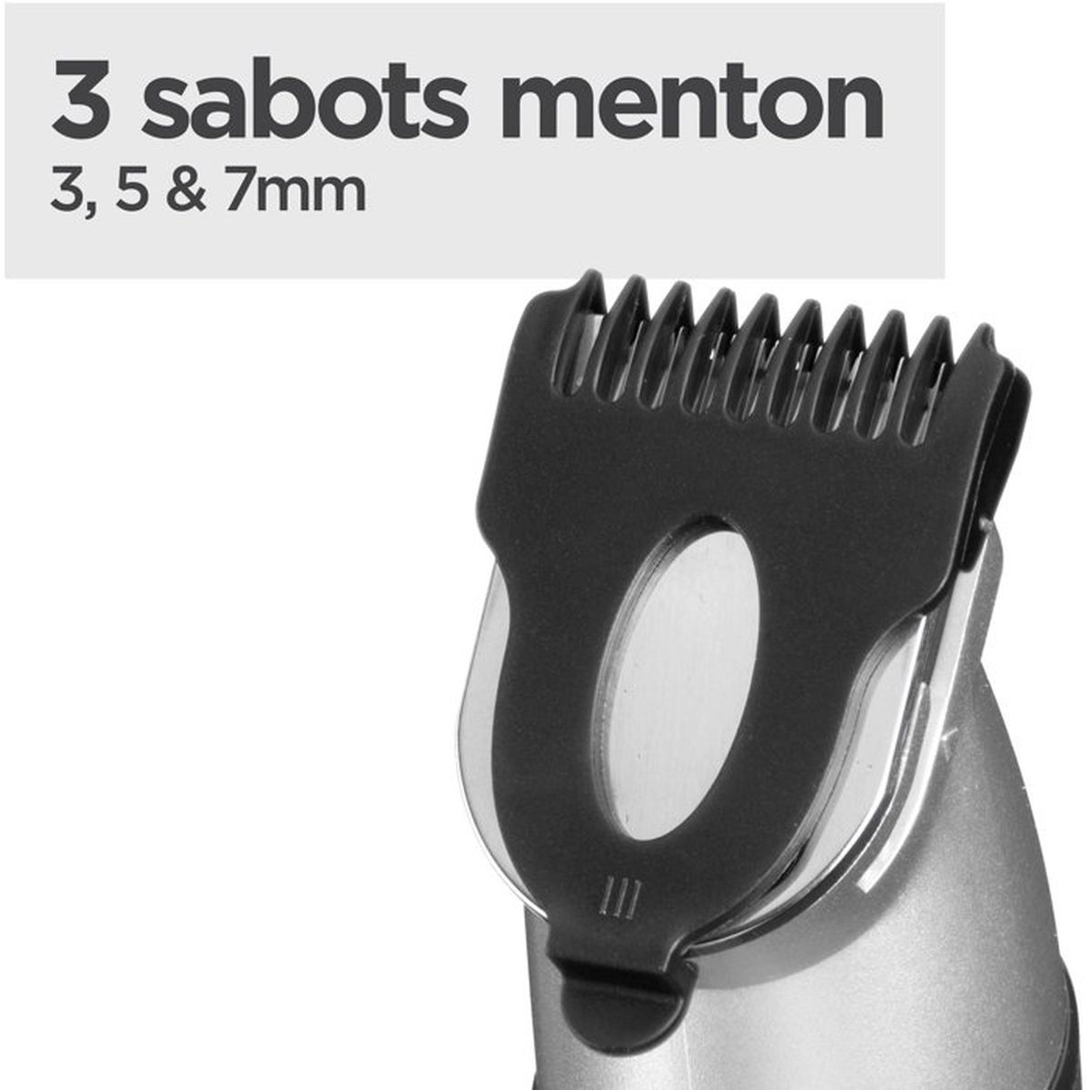 Nahaufnahme eines silbernen Trimmers mit schwarzem Aufsatz. Text: 3 Aufsätze 3, 5 & 7mm.