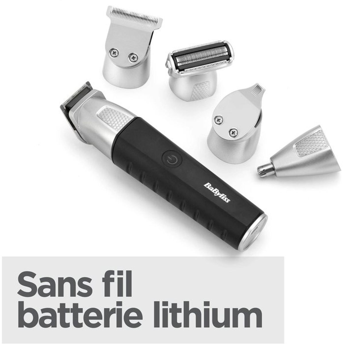 Schwarzer Trimmer mit silbernen Aufsätzen, BaByliss-Logo und der Aufschrift 'Sans fil batterie lithium'.
