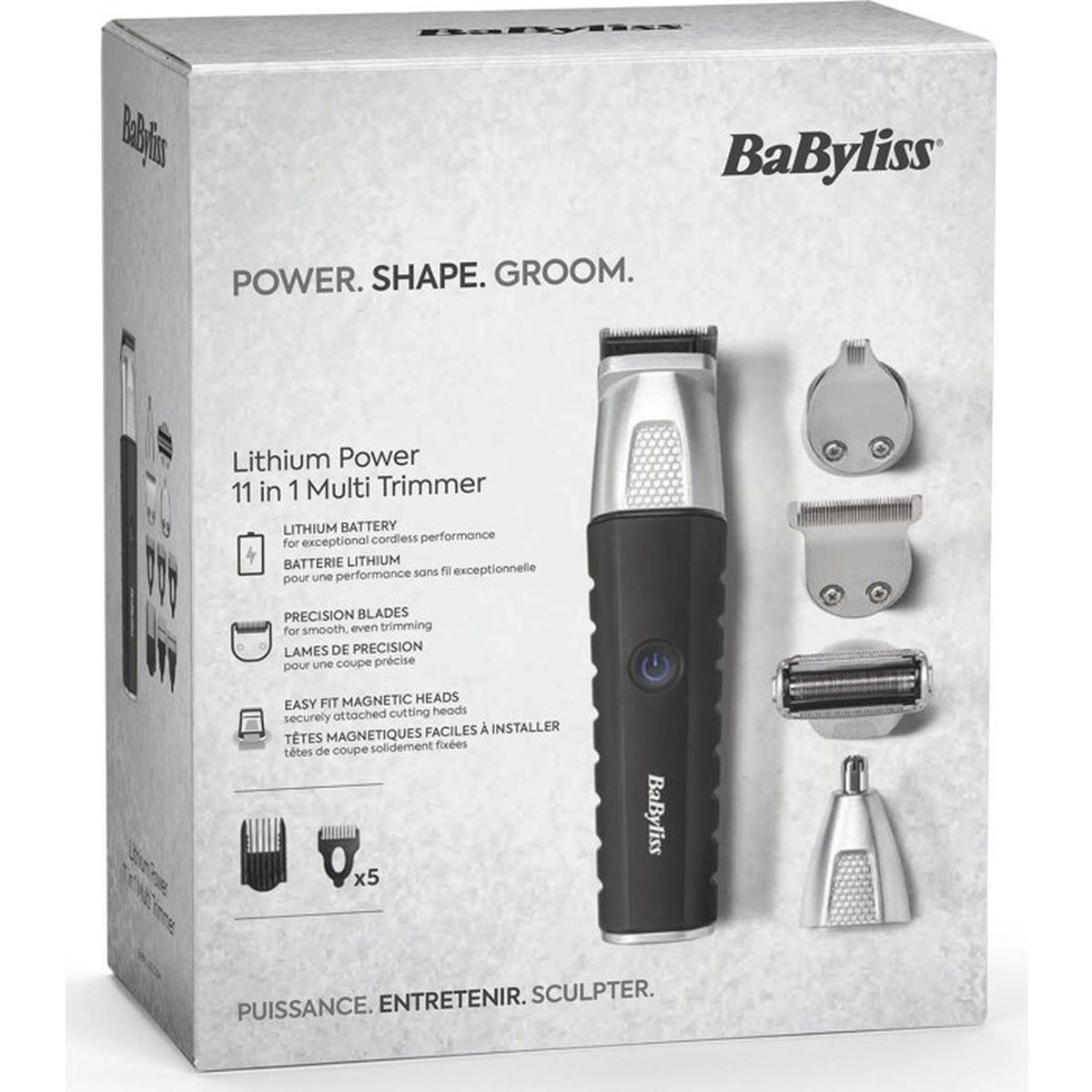 Verpackung eines BaByliss 11-in-1 Multi-Trimmers mit Zubehör.
