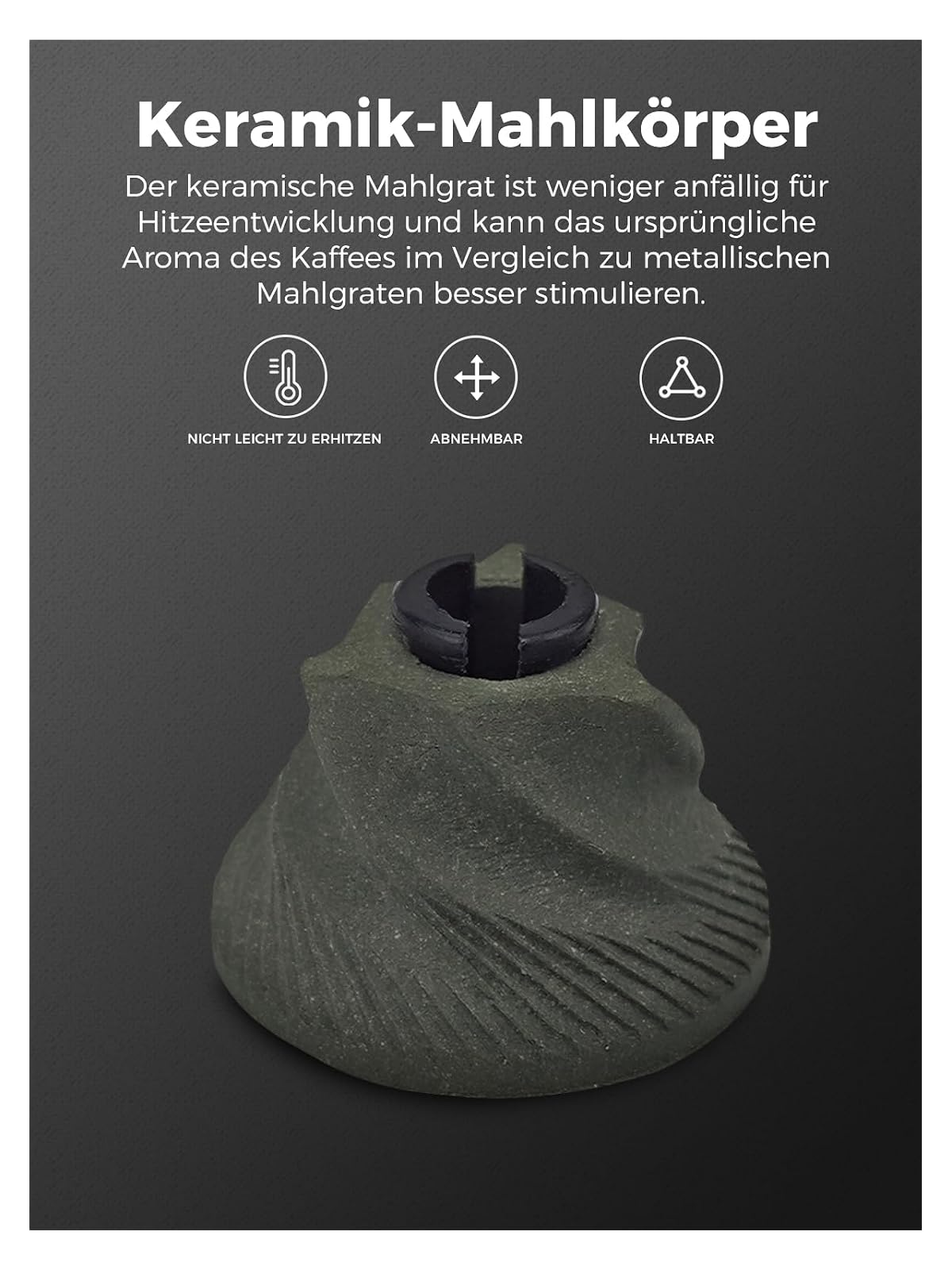 Ein grüner Keramik-Mahlkörper für Kaffeemühlen mit Symbolen für Hitzebeständigkeit.