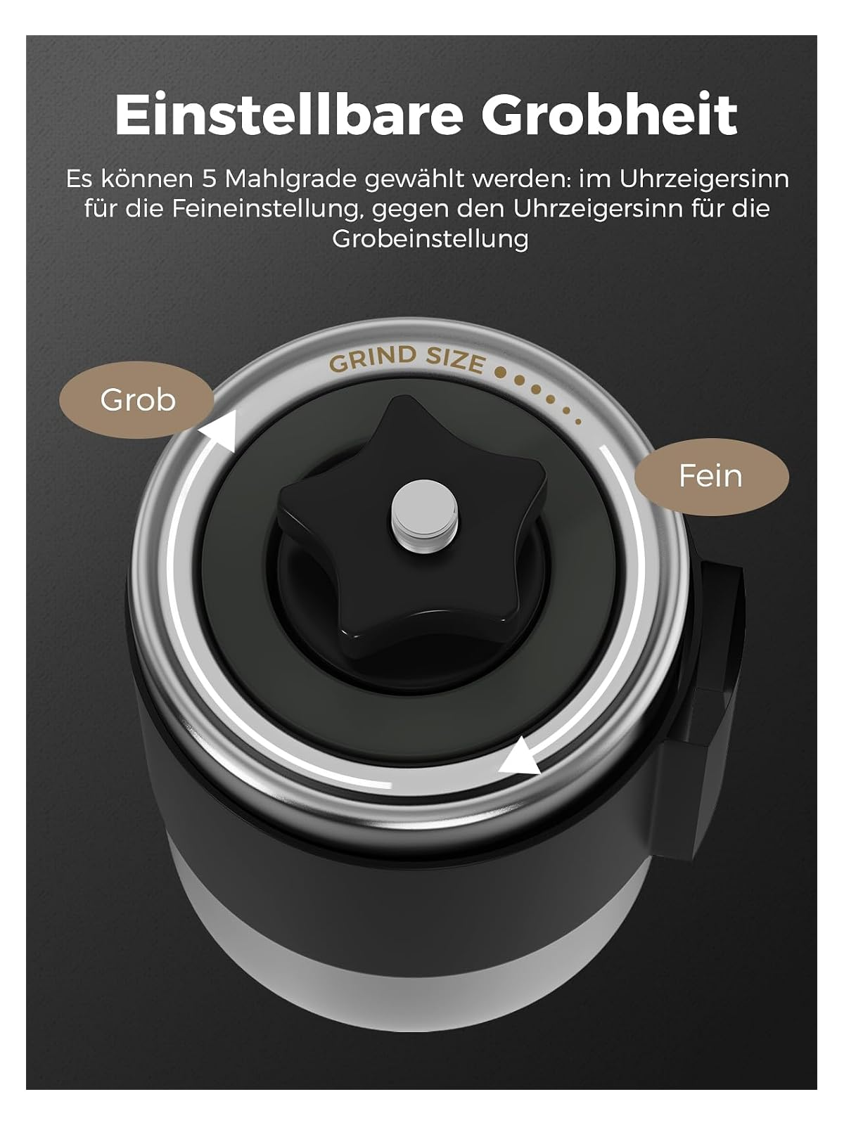 Einstellbare Grobheit: Regler mit Markierungen für Grob und Fein.