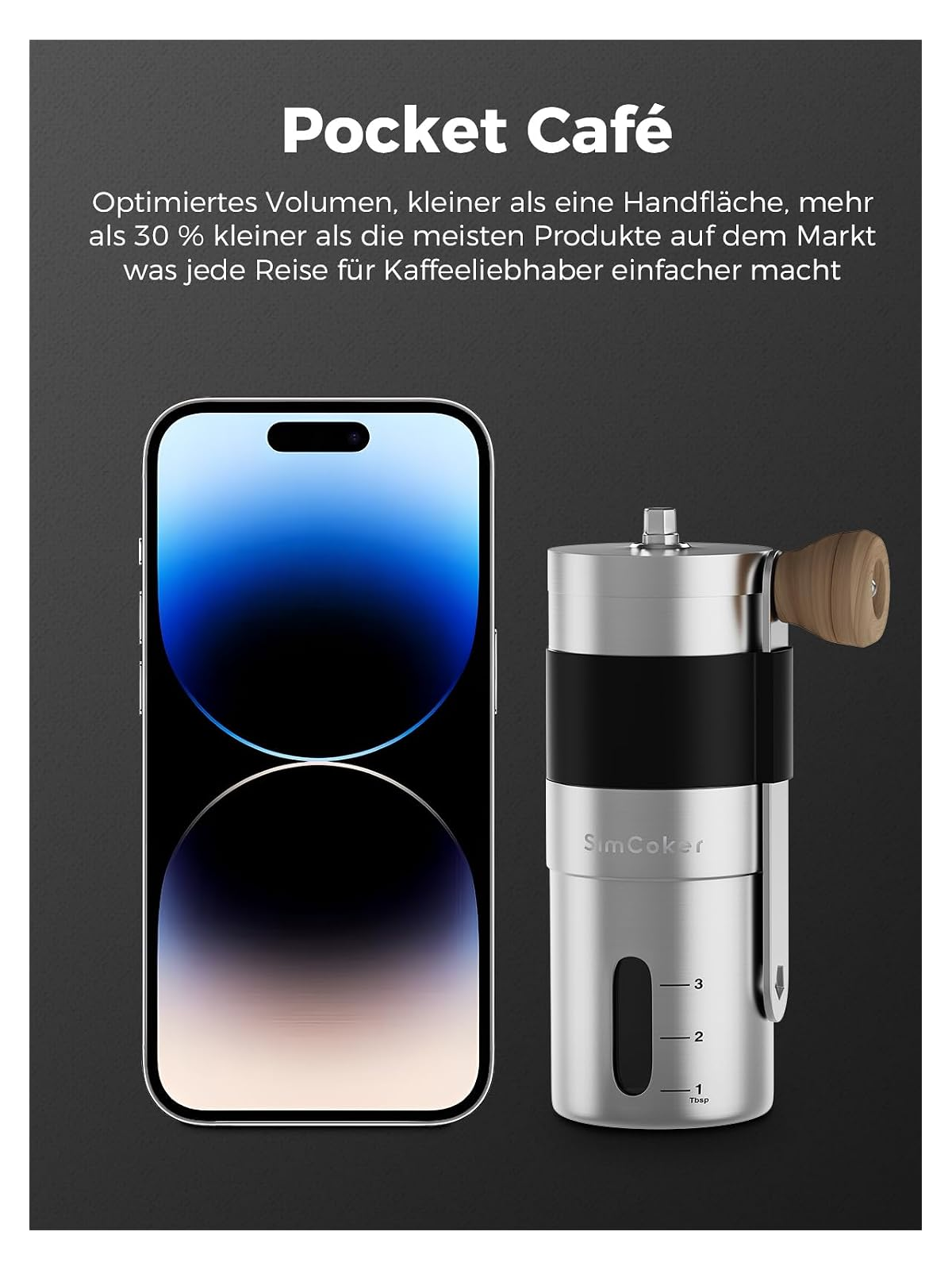 Ein schlanker silberner Kaffee-Mahlwerk neben einem Smartphone mit blauem Hintergrund.
