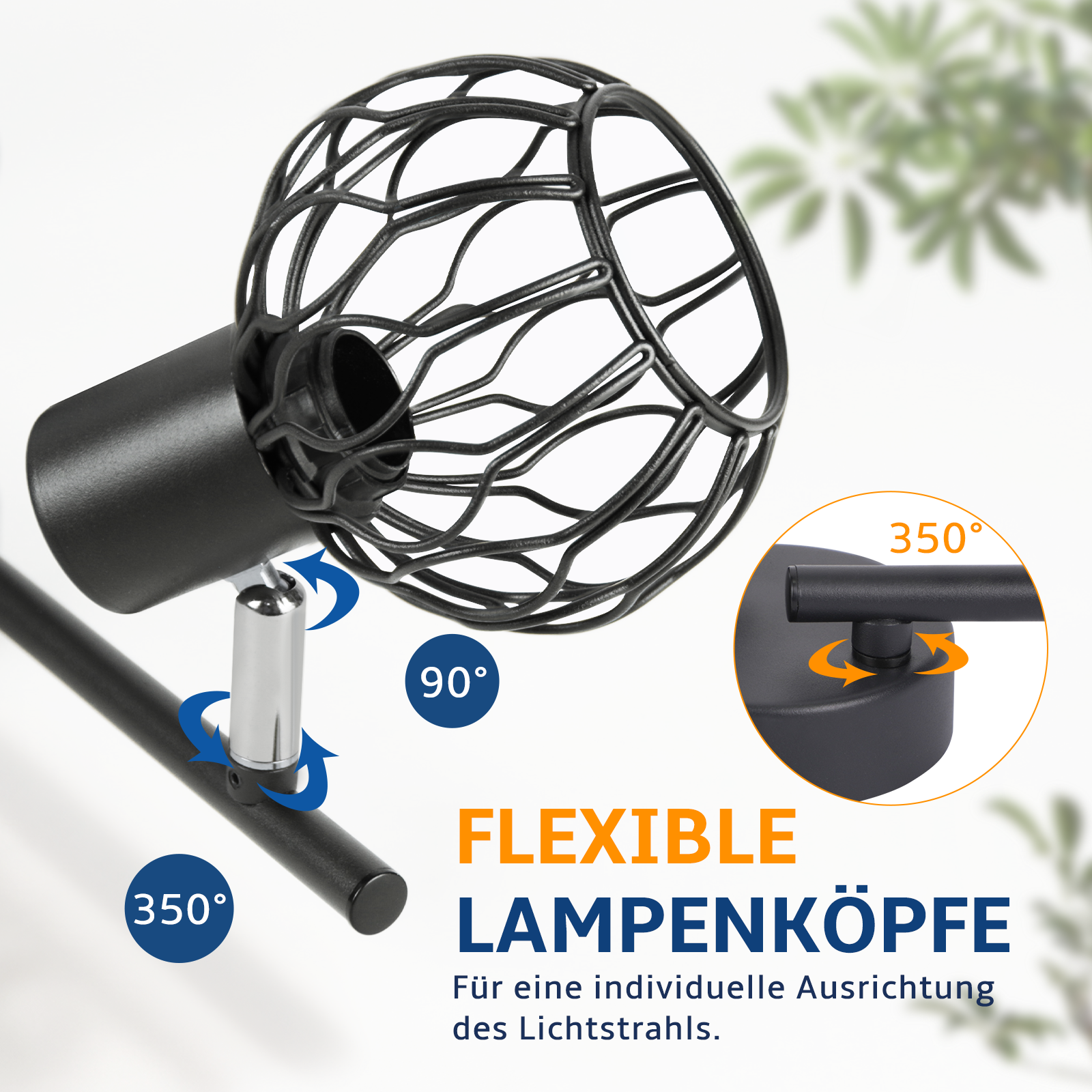 Lámpara negra con cabezales flexibles, ajustable 90° y 350°.