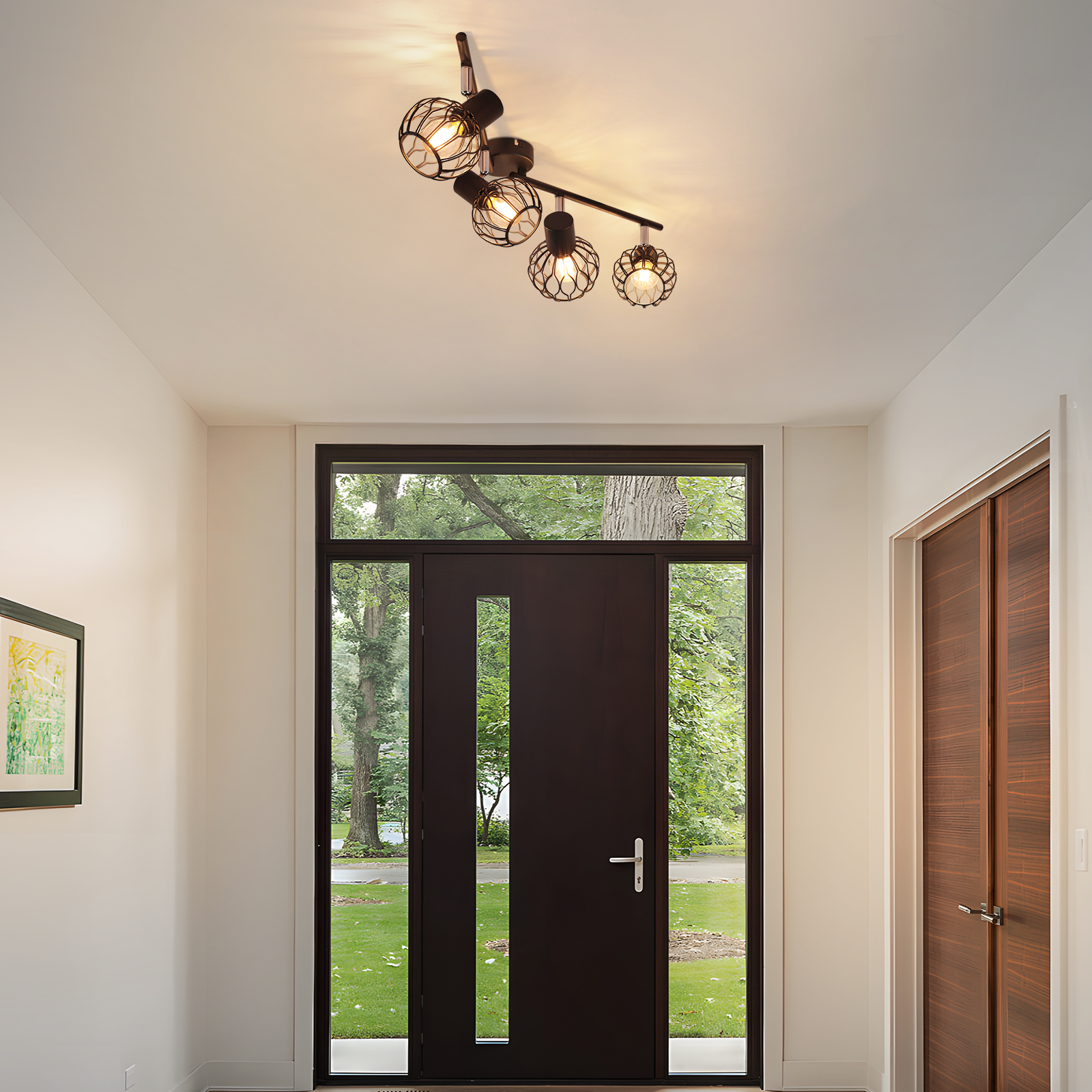 Pasillo con puerta oscura y ventanas que dan a un jardín.