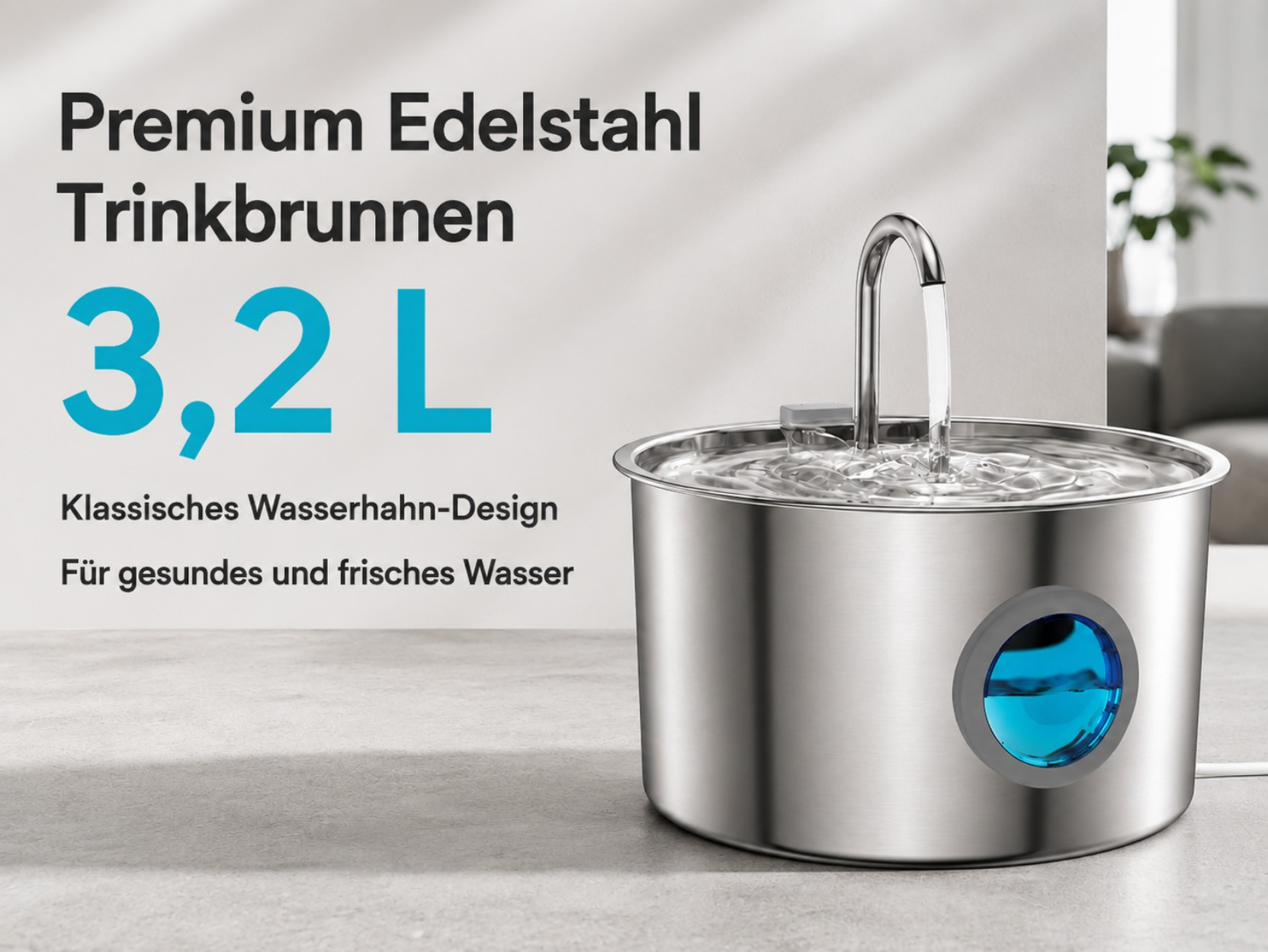 Edelstahl-Trinkbrunnen mit 3,2 L Kapazität und Wasserhahn-Design.