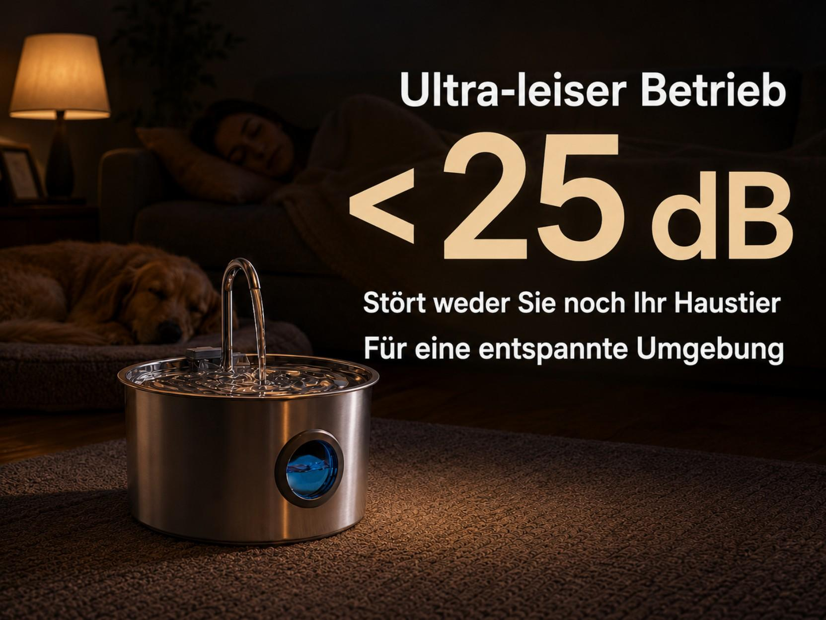 Ein Hund schläft neben einem Bett, auf dem eine Person schläft. Ein Trinkbrunnen steht im Vordergrund.