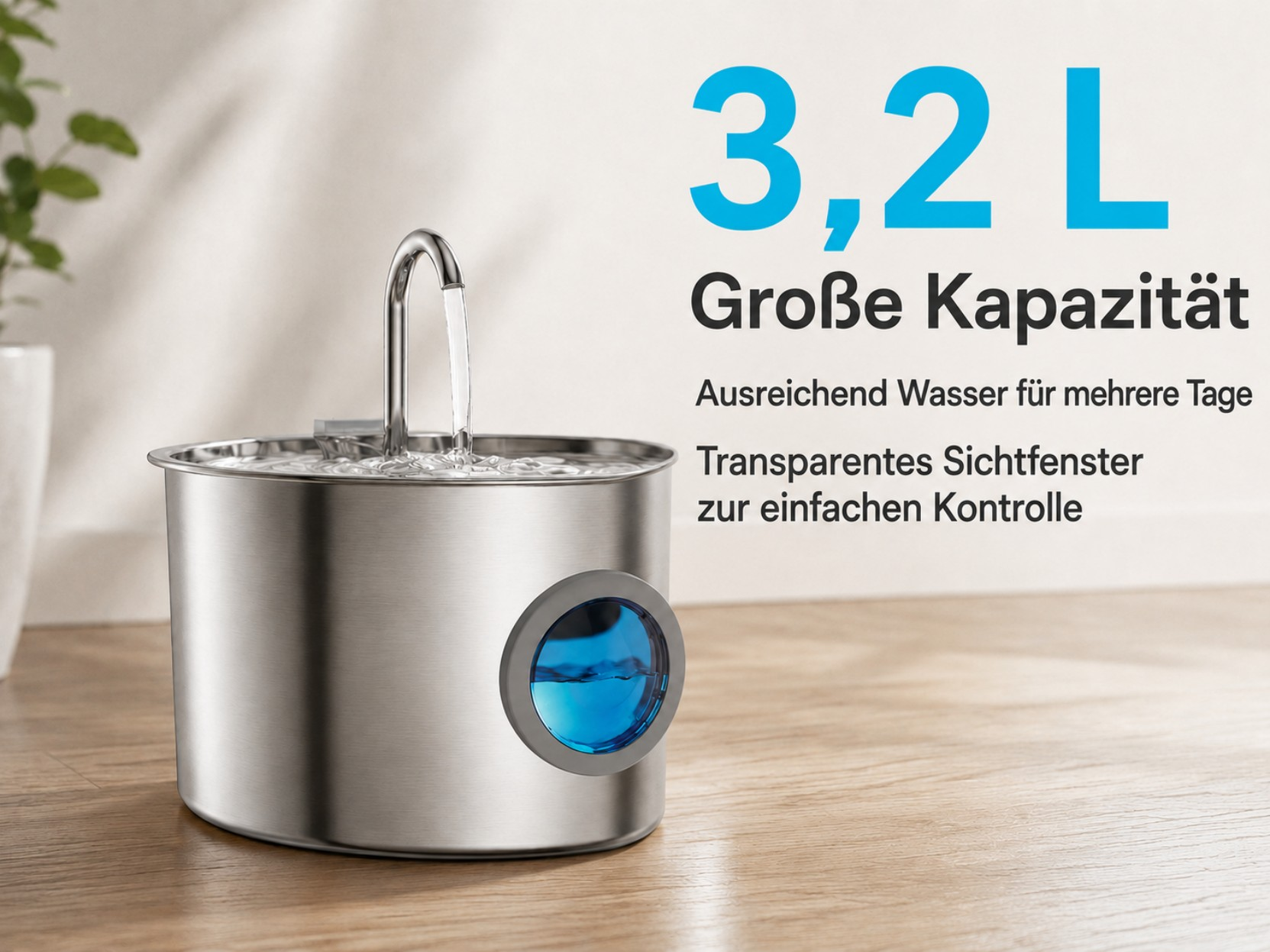 Edelstahl-Wasserspender mit Sichtfenster, das blaues Wasser zeigt.