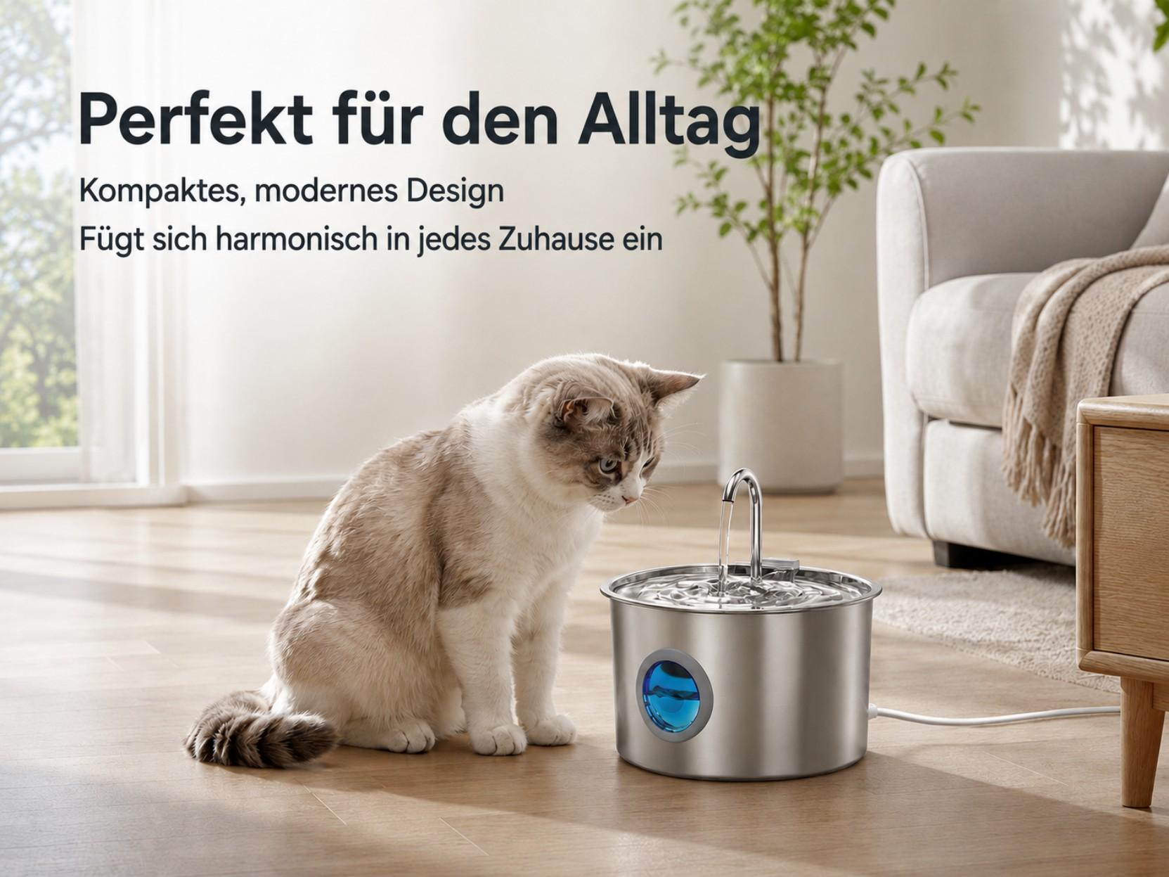 Eine Katze trinkt aus einem modernen Trinkbrunnen in einem stilvollen Wohnzimmer.