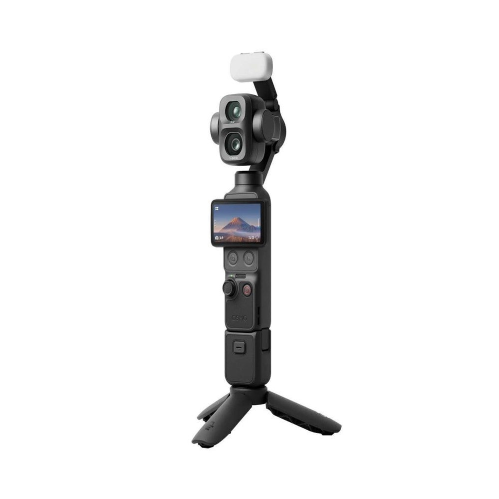Gimballı, küçük ekranlı, tripod tabanlı kompakt siyah kamera. Beyaz LED ışık.
