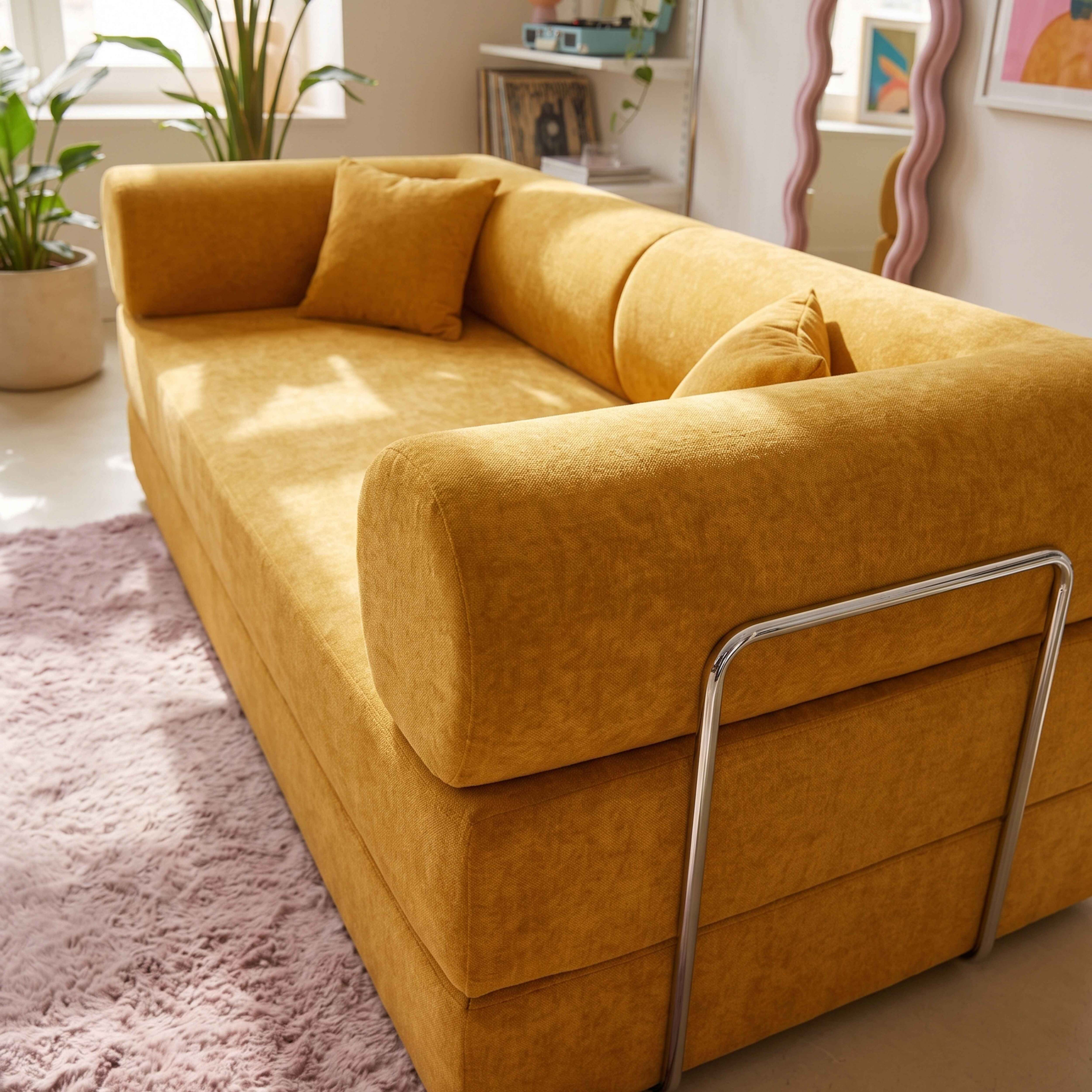 Ein gelbes Ecksofa mit Kissen steht auf einem rosafarbenen Teppich.
