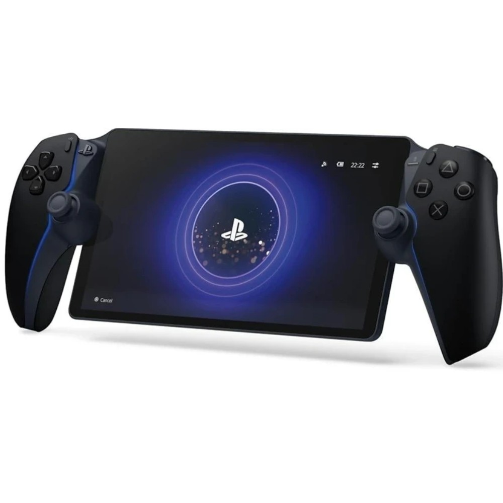 PlayStation logosunu gösteren tablet ekranlı siyah elde taşınan oyun kumandası.