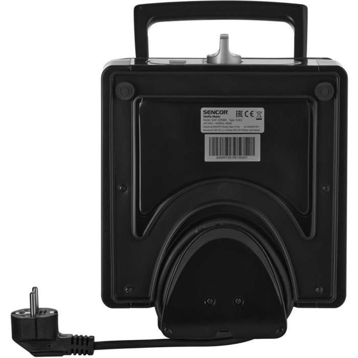 Rückseite eines schwarzen Waffeleisens mit Kabel und Stecker.