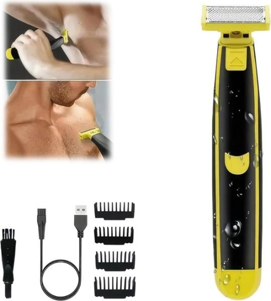 Ein schwarzer und gelber Trimmer mit Aufsätzen und Ladekabel.