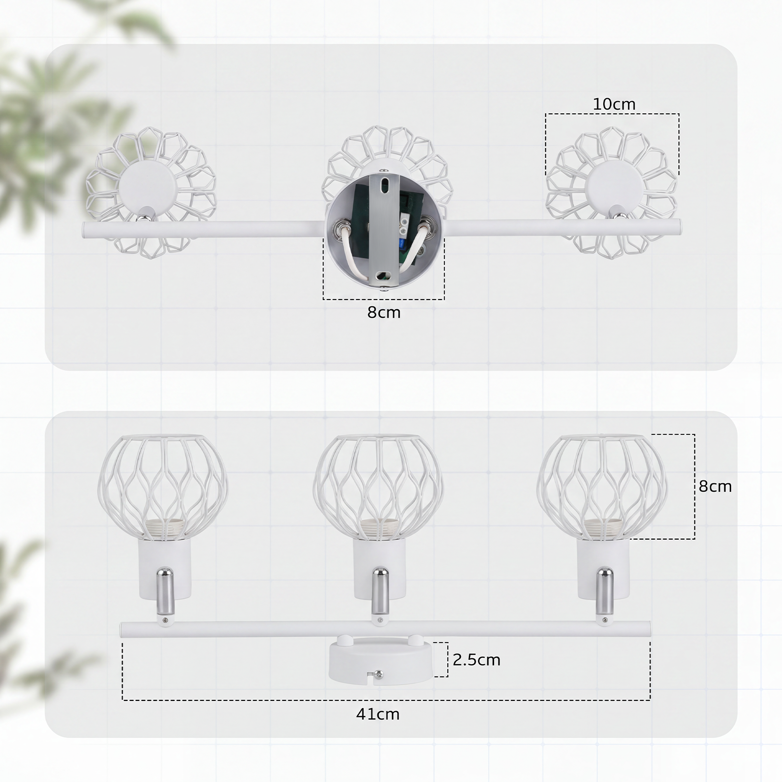 Weiße Lampe mit drei kugelförmigen Lampenschirmen aus Drahtgeflecht.