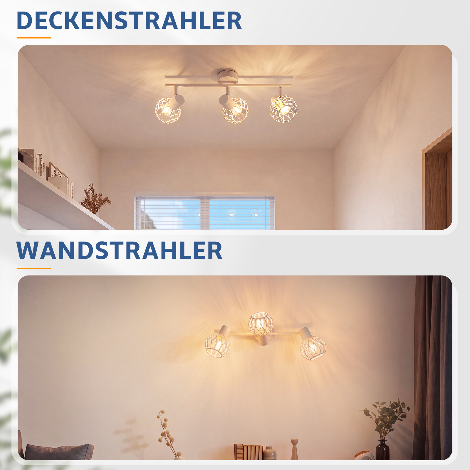 Deckenleuchte mit drei weißen Lampenschirmen und Wandleuchte mit drei Lampen.
