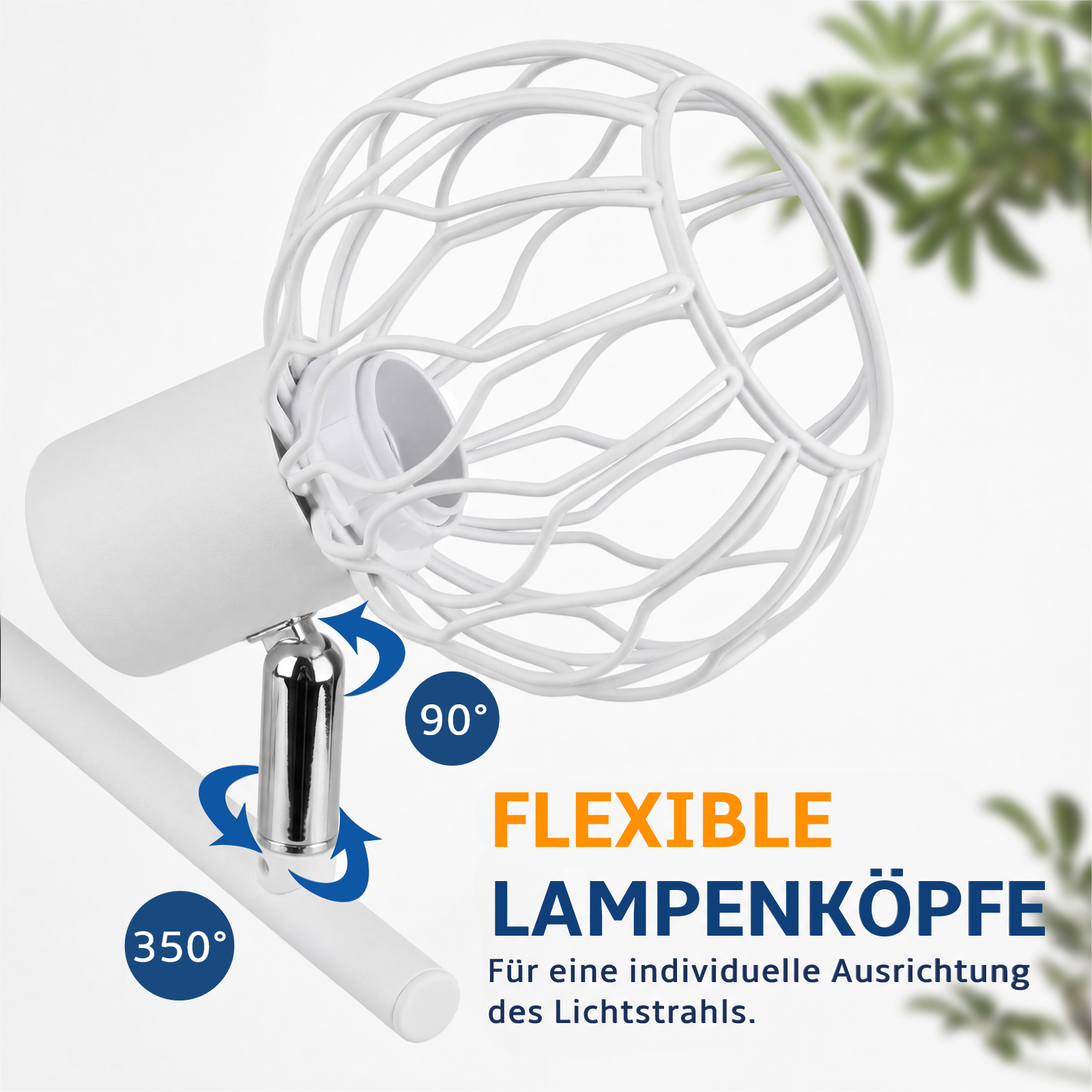 Ein weißer Lampenkopf mit einem flexiblen Gelenk und Pfeilen, die 350° und 90° Rotation anzeigen.