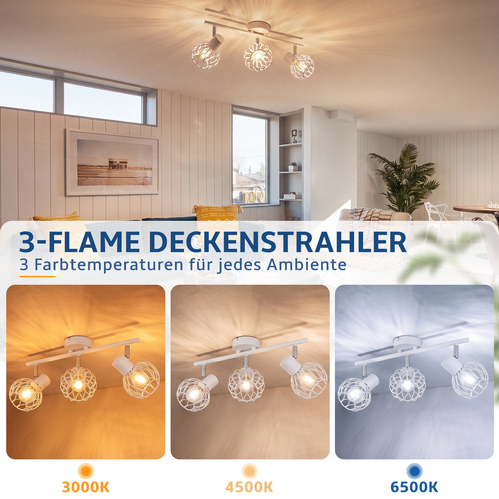 Deckenstrahler mit 3 Lampen in drei Farbtemperaturen: warmweiß, neutralweiß, kaltweiß.