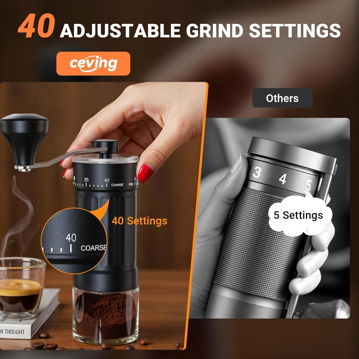 Kaffeemühle mit 40 Mahlgraden, daneben eine Mühle mit 5 Einstellungen.