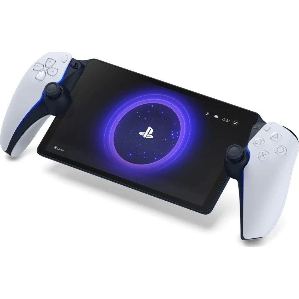 PlayStation 5 kumanda tutamaklarına sahip tablet ve ekranda PlayStation logosu.