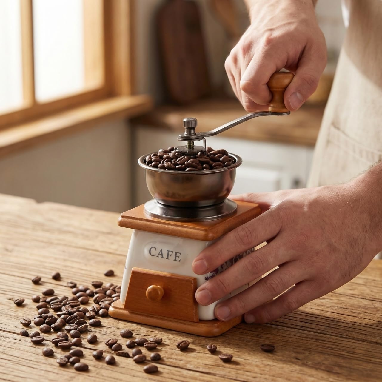 Mann mahlt Kaffeebohnen in einer Vintage-Kaffeemühle aus Holz und Metall.