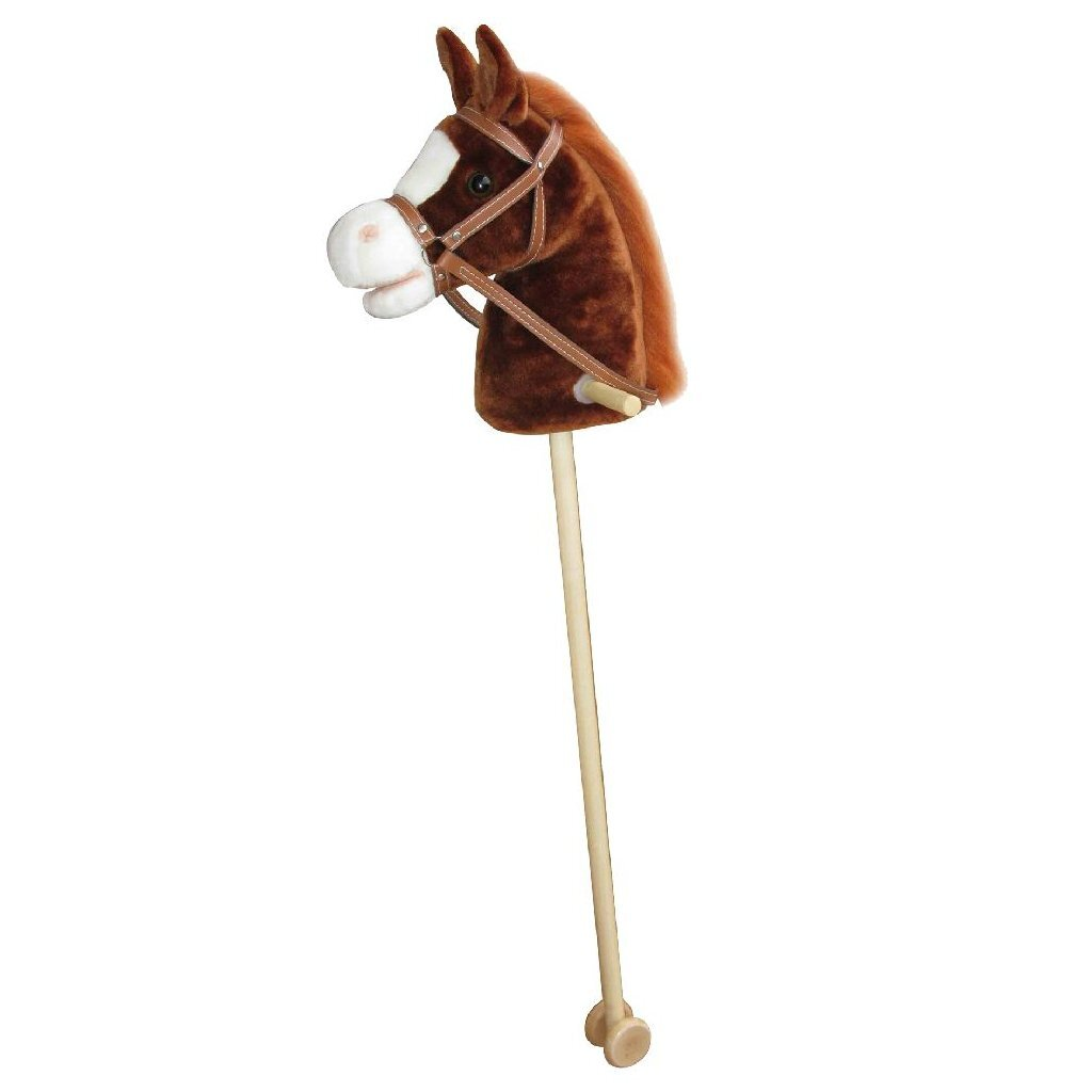 Cavallo di legno marrone con muso e briglia bianchi.