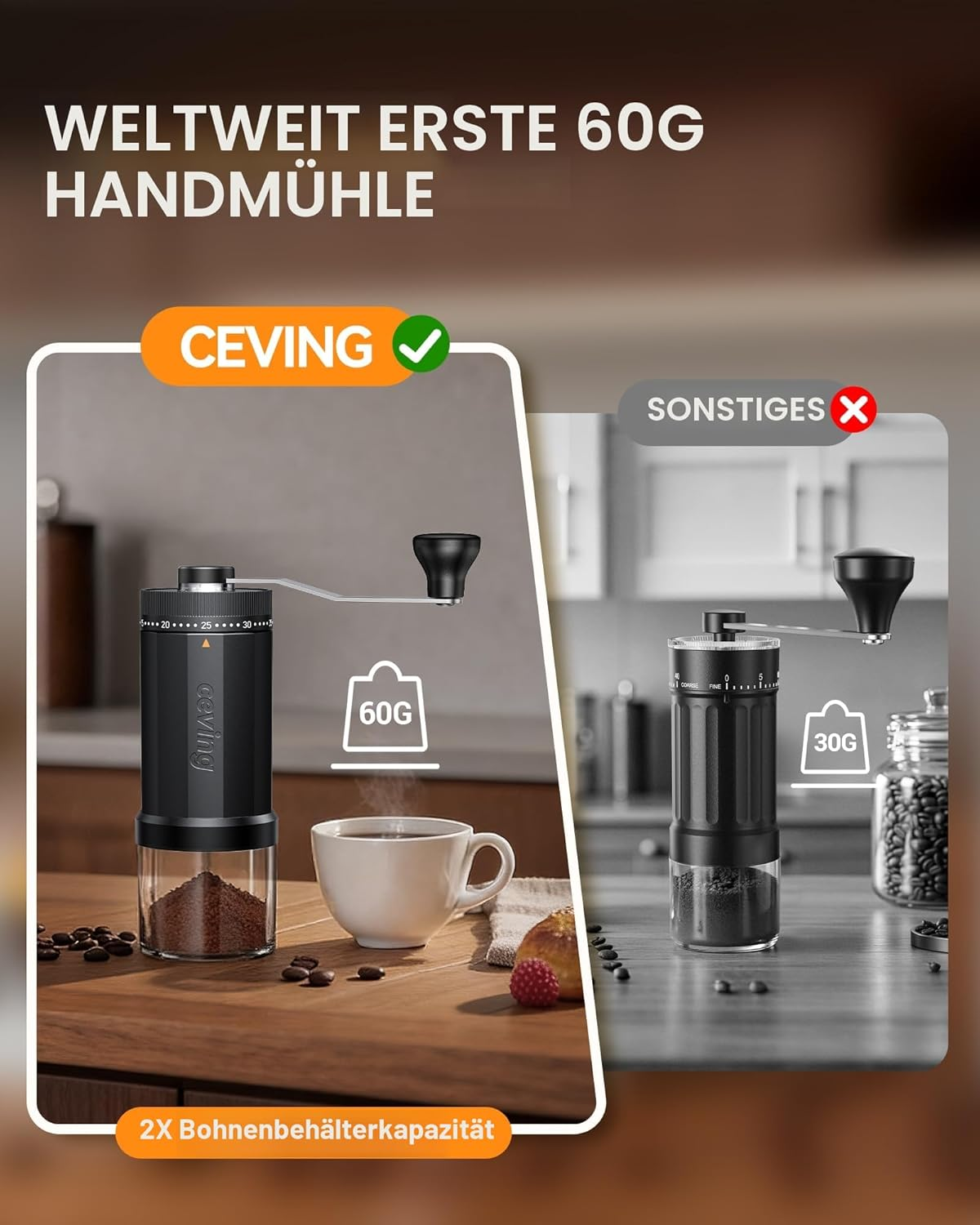 Zwei Kaffeemühlen im Vergleich: eine mit 60g Kapazität und eine mit 30g.