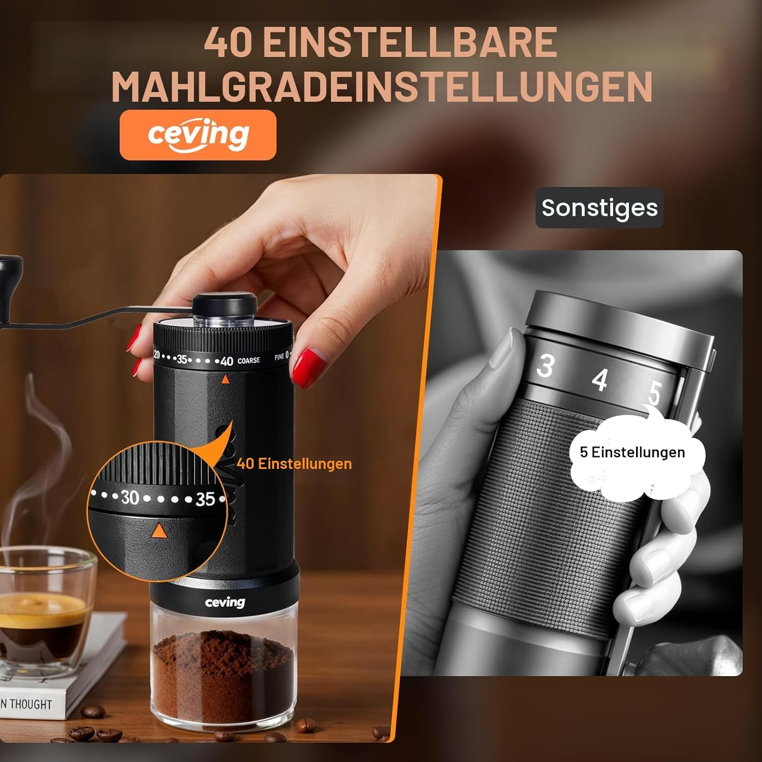 Kaffeemühle mit 40 Mahlgraden und 5 Einstellungen. Nahaufnahme.
