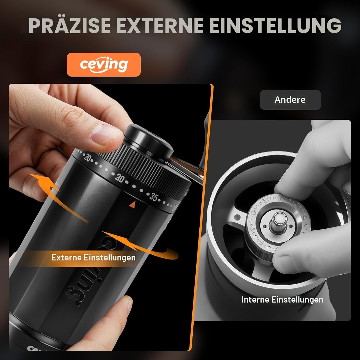 Nahaufnahme einer Hand, die einen Kaffeemühlen-Einstellring dreht.