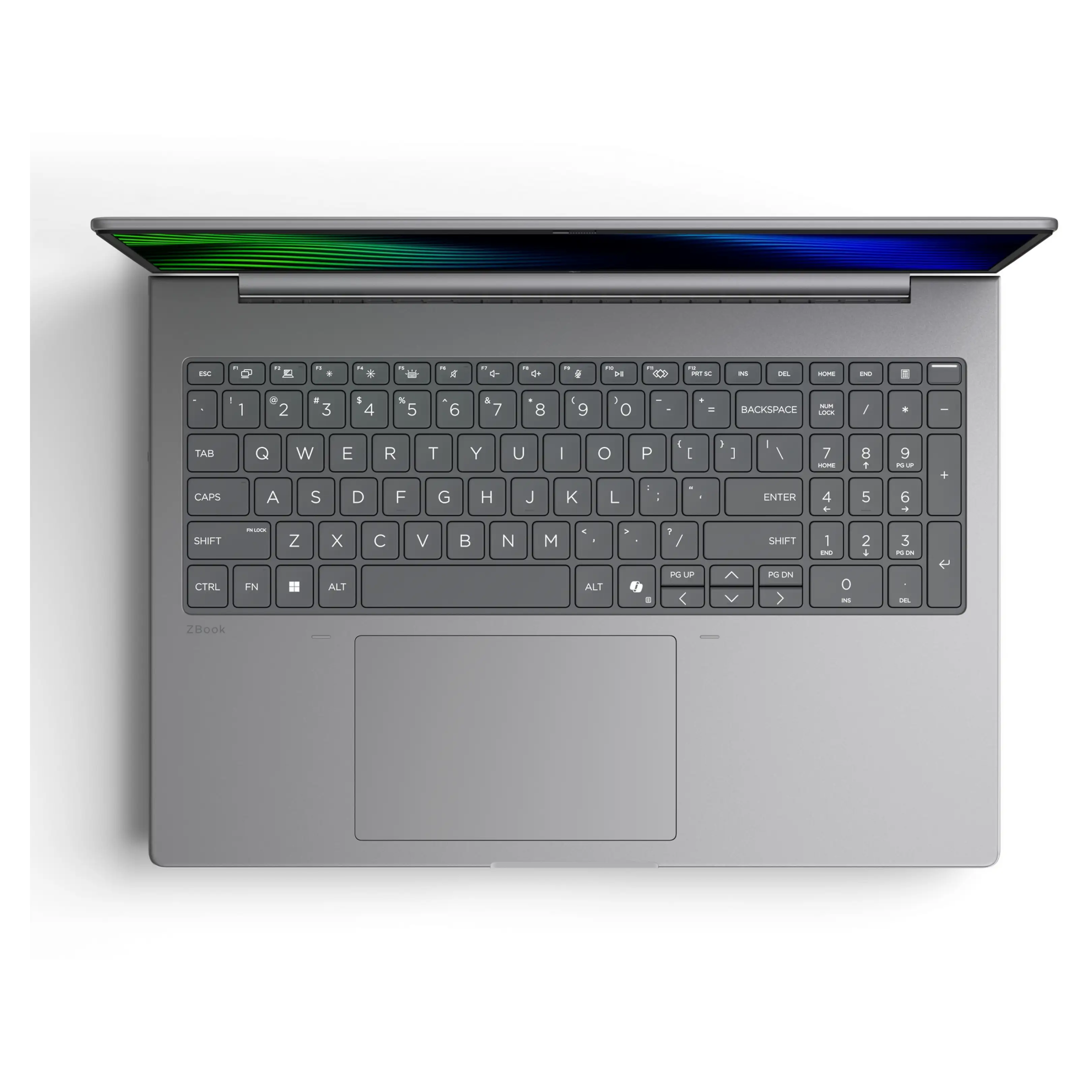 Un laptop grigio con il coperchio aperto, che mostra uno sfondo astratto verde e blu.