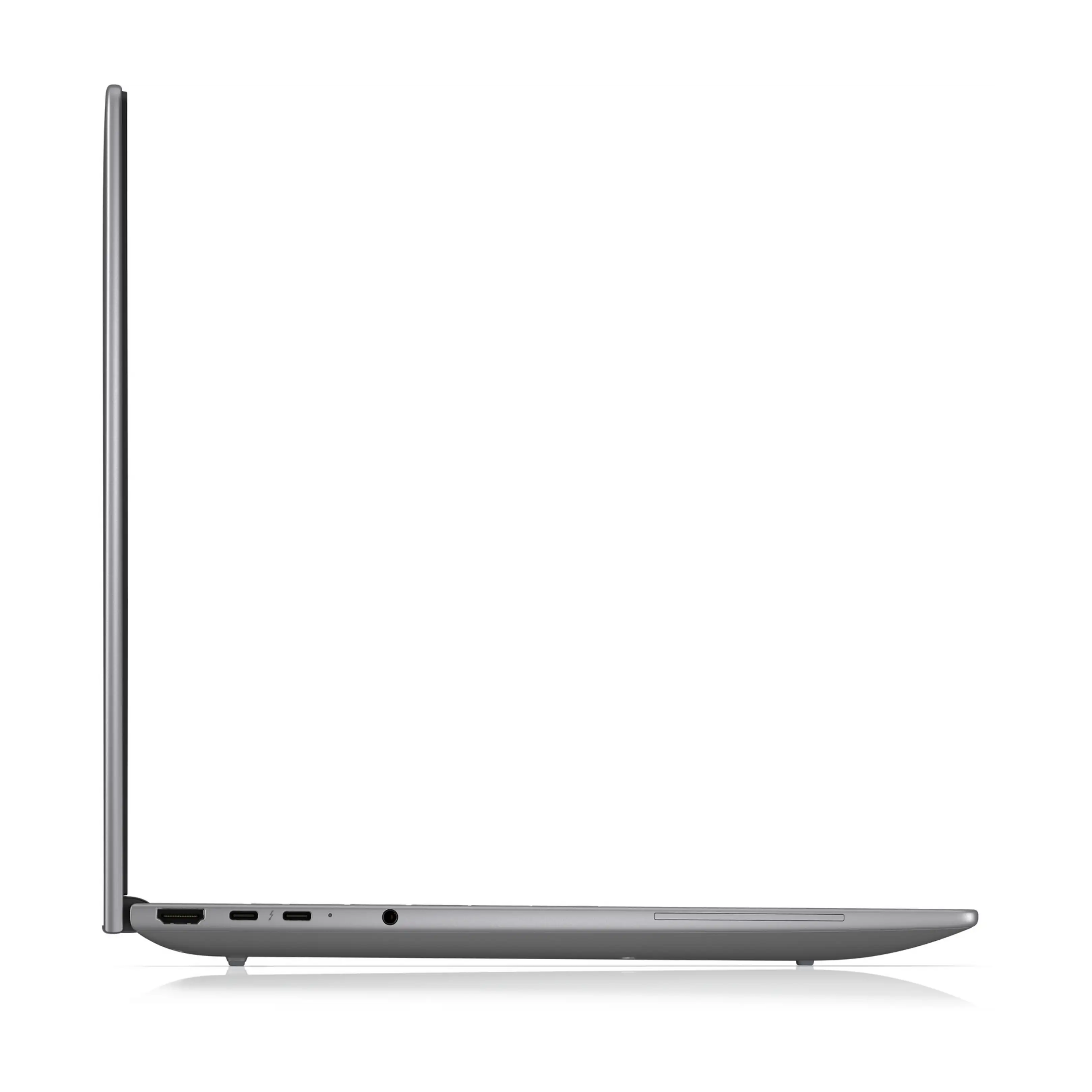 Laptop argentato, vista laterale con porte: HDMI, USB-C, jack cuffie.