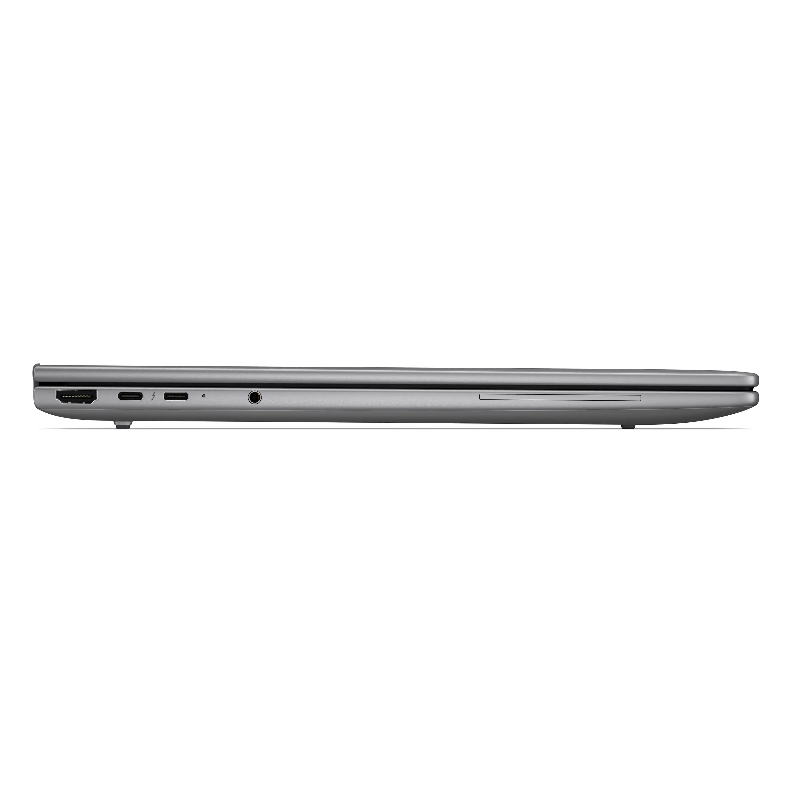 Laptop grigio di profilo che mostra porte come HDMI e USB.