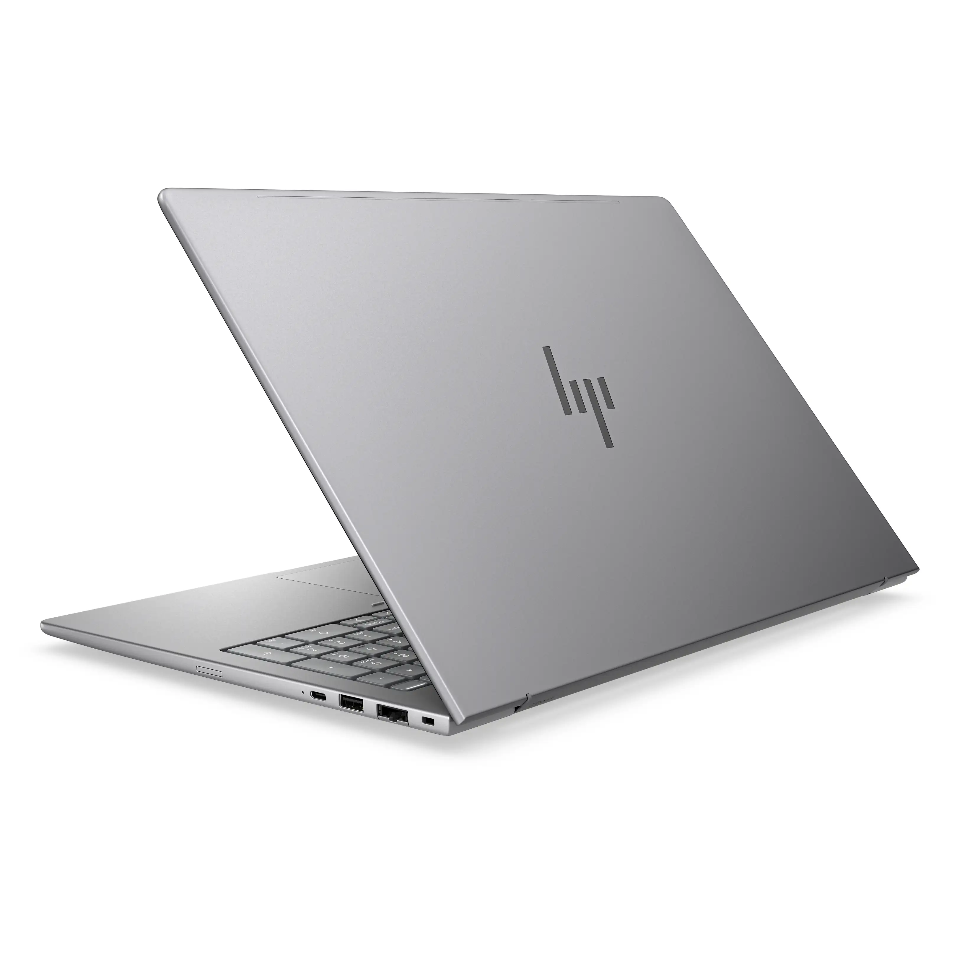 Un laptop argento con il coperchio aperto, logo HP sulla scocca.