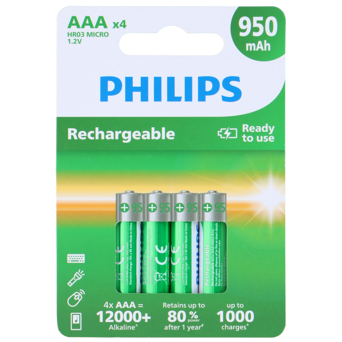 Package for 4 AAA Philips rechargeable batteries, 950 mAh, Ready-to-use.