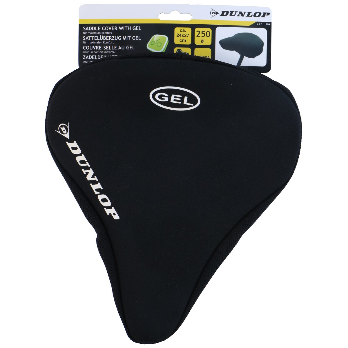 Zwarte Dunlop fietszadelhoes met GEL-opschrift en logo.