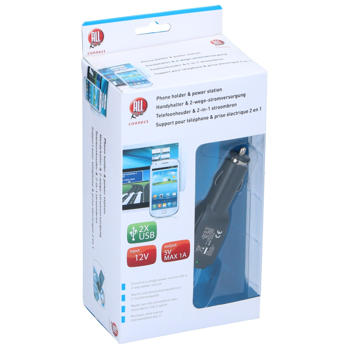 Emballage d'un support de téléphone et chargeur avec 2 ports USB et entrée 12V.